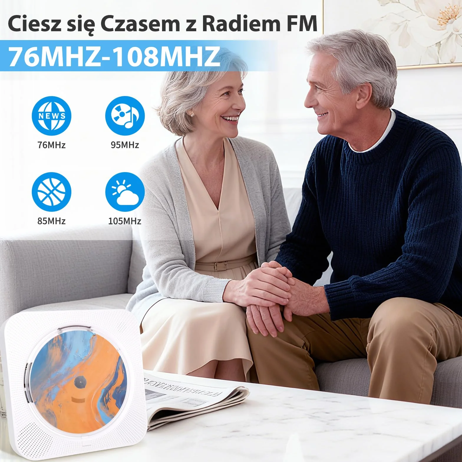 Przenośny Odtwarzacz CD Bluetooth 5.1 z Głośnikiem HiFi, Radio FM, Wyświetlacz LCD, AUX, USB, Zdalne Sterowanie (Biały)