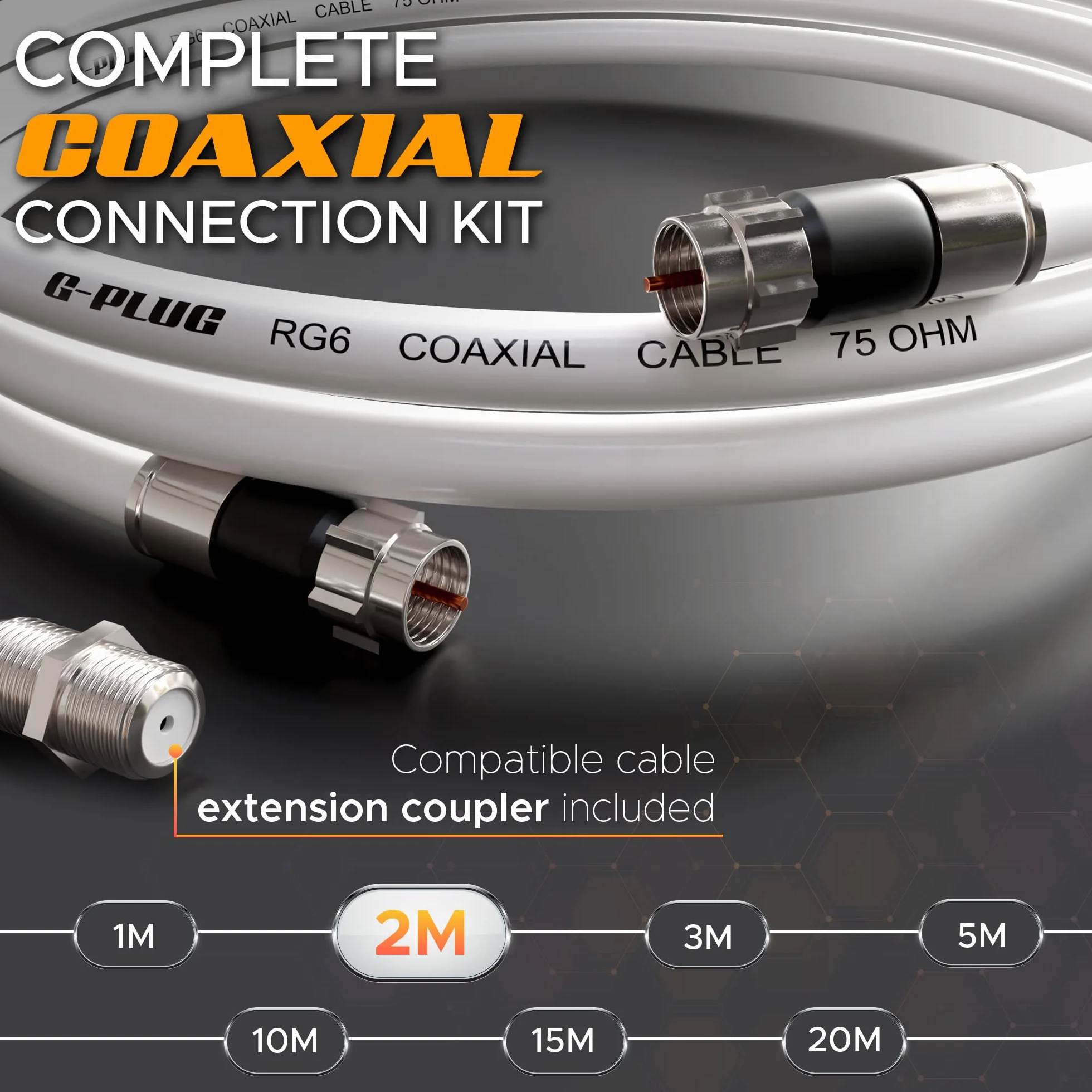 G-PLUG Kabel koncentryczny TV RG6 2 m ze złączami - cyfrowa antena telewizyjna, kabel szerokopasmowy, kabel przedłużający, podwójny wodoodporny gumowy pierścień uszczelniający i białe złącza