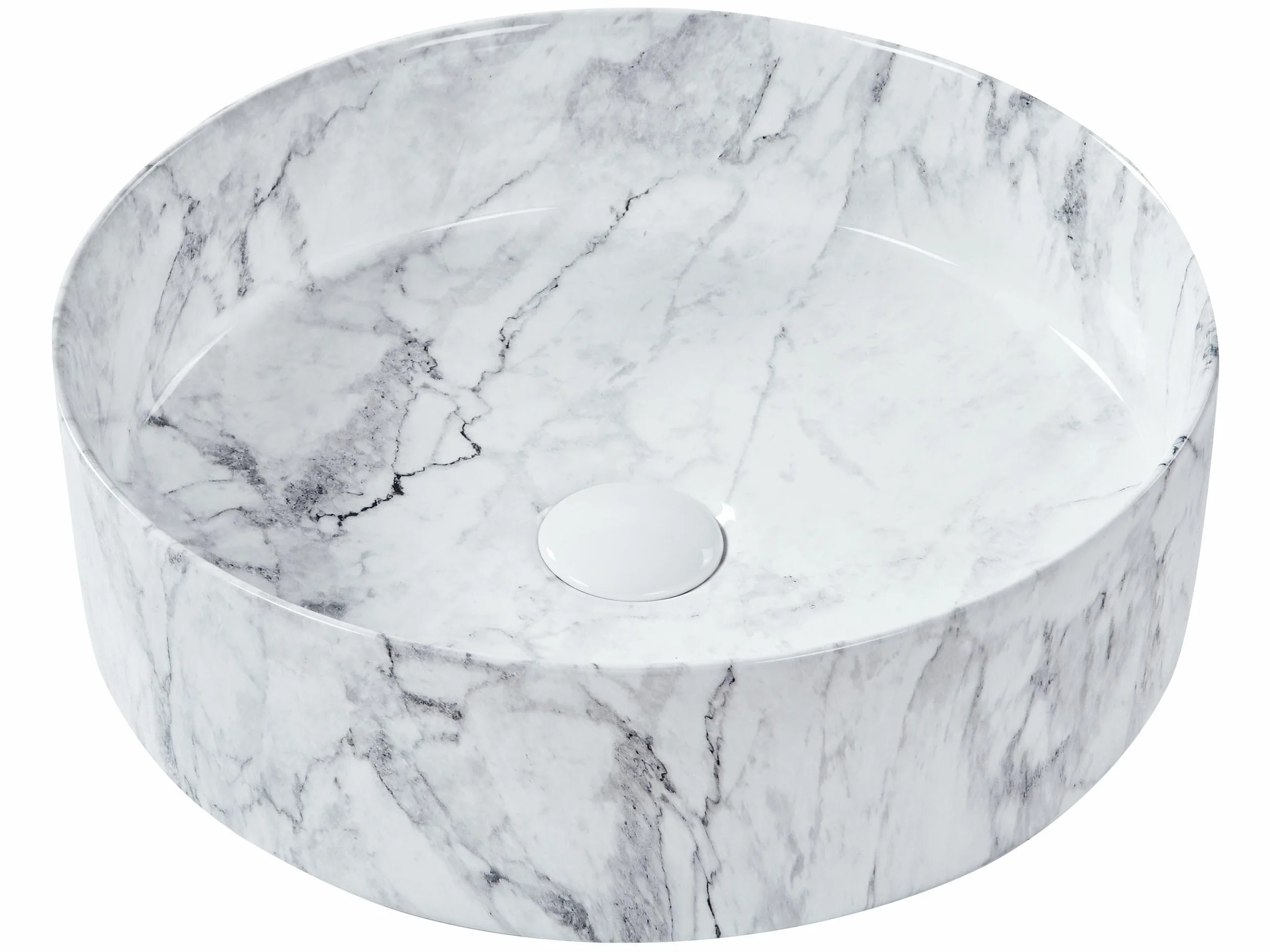 Umywalka łazienkowa nablatowa ceramiczna matowa okrągła 40 cm biała efekt marmuru Manis