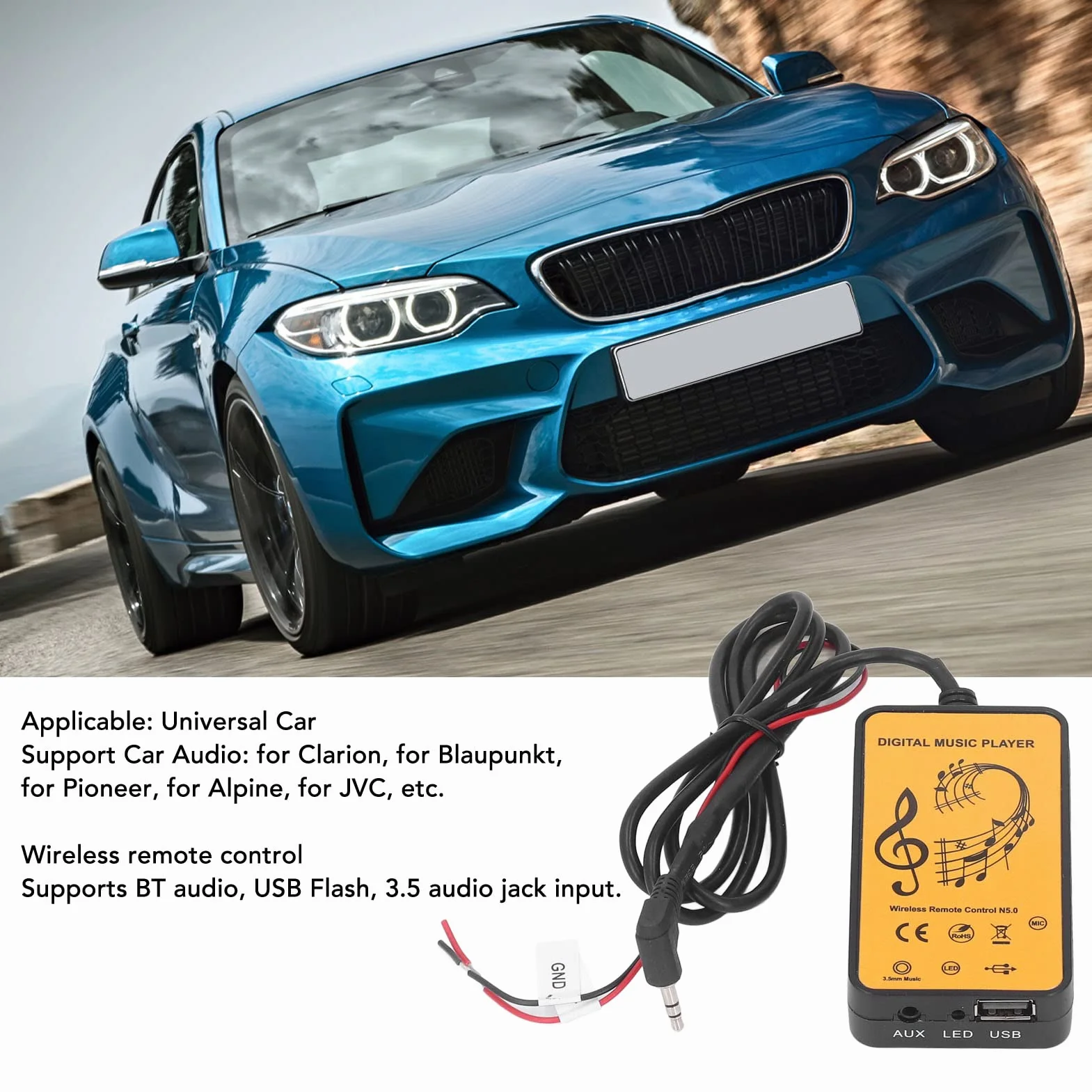 KIMISS Nadajnik Bluetooth AUX do samochodu, adapter bezprzewodowy zestaw głośnomówiący uniwersalny