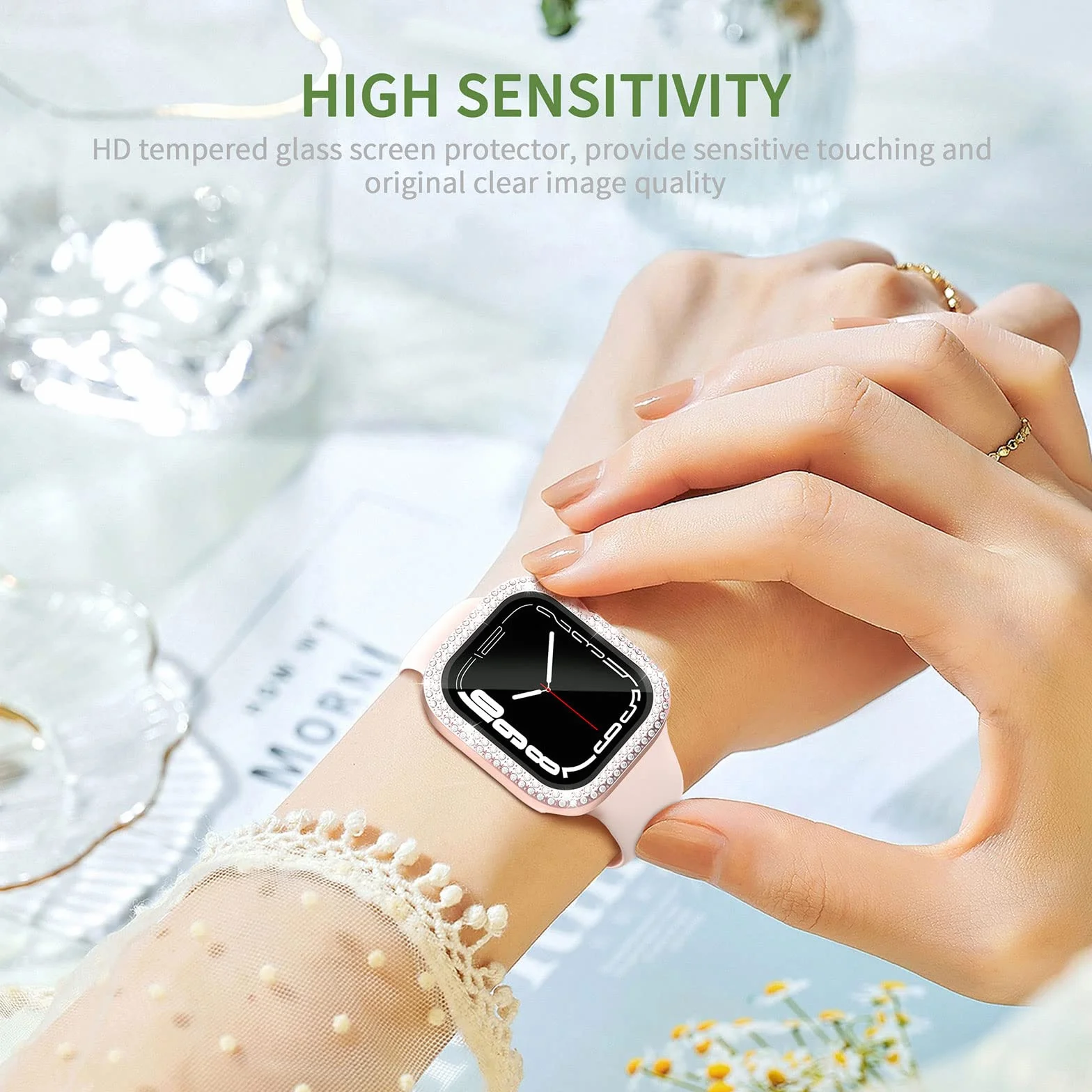 Wodoszczelne, błyszczące etui 2 w 1, kompatybilne z Apple Watch 44 mm, SE3/SE2/SE serii 6/5/4, etui ochronne iWatch z diamentami Bling stras, akcesoria, różowe