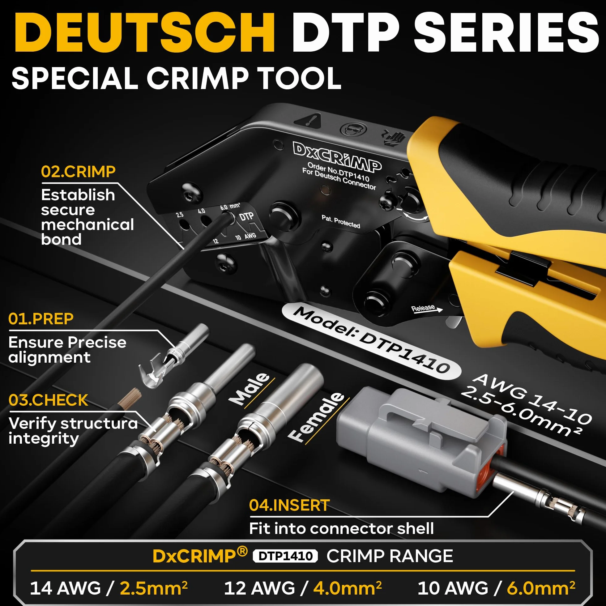DxCRIMP Zestaw Zaciskarki do Złączy Serii DTP, 1/2/4/6 Pin Wodoodporne Złącza, Styki T12 (14-10 AWG/2.5-6.0mm²), Zaciskarka, Ściągacz Izolacji i Narzędzia do Demontażu, Kompatybilny z Deutsch DTP