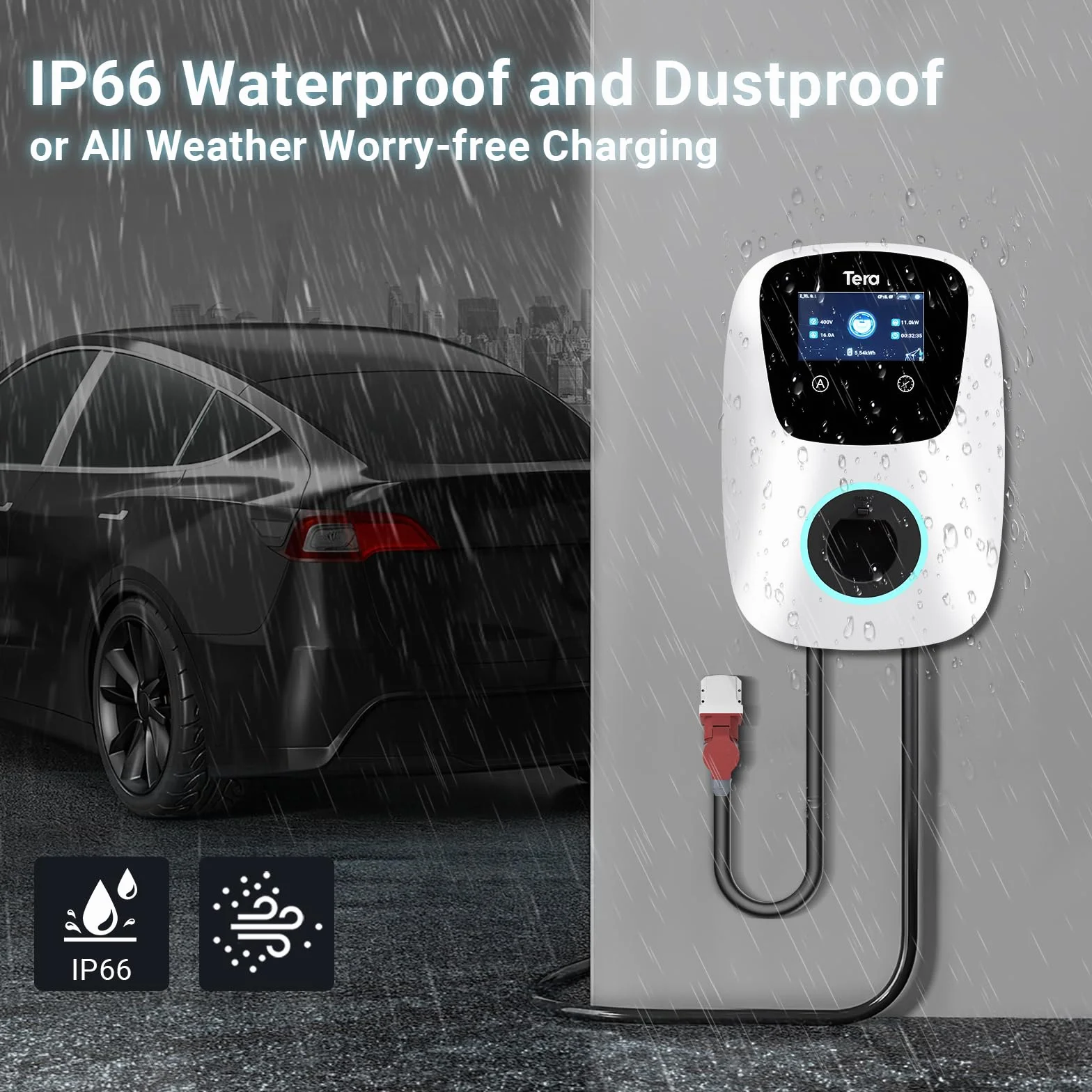 Tera Smart EV ładowarka typu 2, Wallbox z aplikacją 11 kW, 16 A, 400 V, CE i TÜV, z Wi-Fi i Bluetooth, 7 m, kabel do ładowania z uchwytem do ładowarki, domowy Wallbox CEE 3-fazowy wtyk do EVs i PHEV
