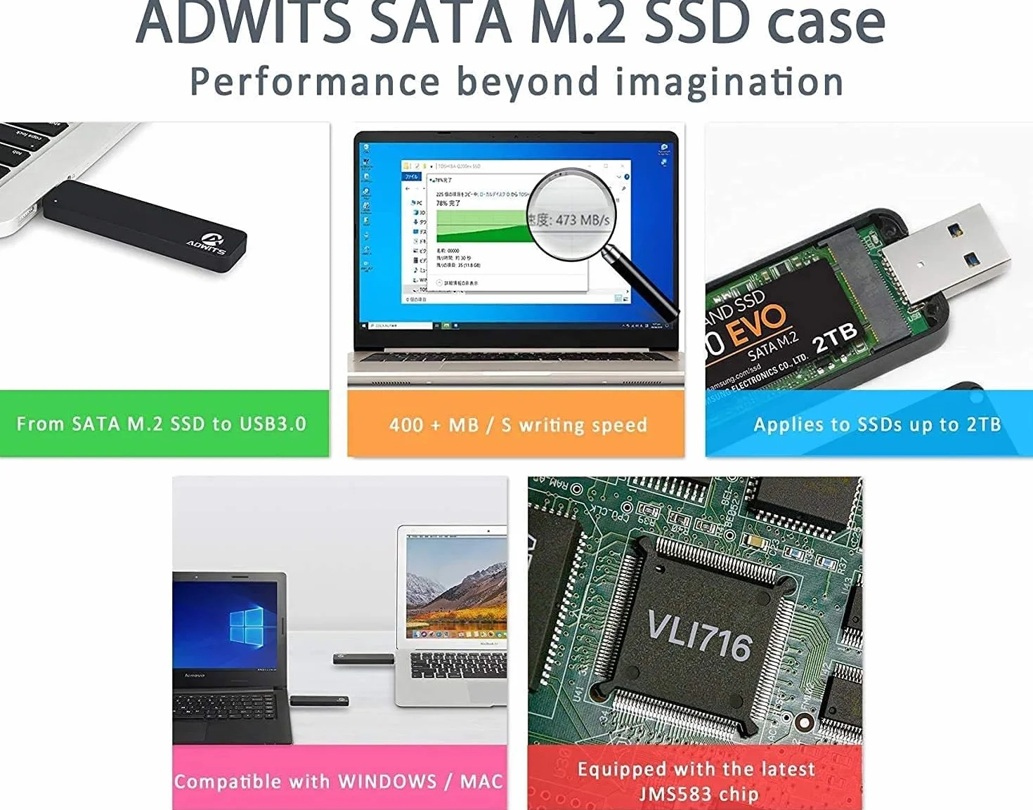 USB 3.0 UASP na SATA NGFF M.2 2230/2242/2260/2280 Key B lub adapter B&M SSD SuperSpeed, bezprzewodowa obudowa zewnętrzna do Samsung 850 EVO, DREVO Crucial Solid State Drive & More, czarny