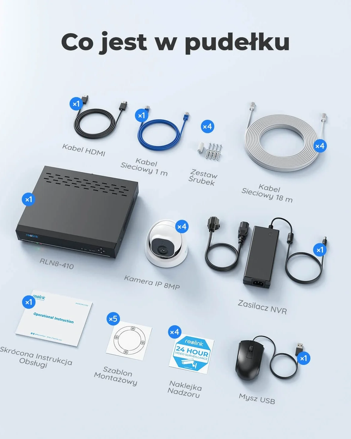 Reolink 4K PoE H.265 Zestaw kamer do monitoringu CCTV, 4 sztuki zewnętrznych kamer IP 8MP z wykrywaniem osób/pojazdów i 8-kanałowy NVR z 2 TB HDD do nagrywania 24h/7 Noktowizja Wodoodporność