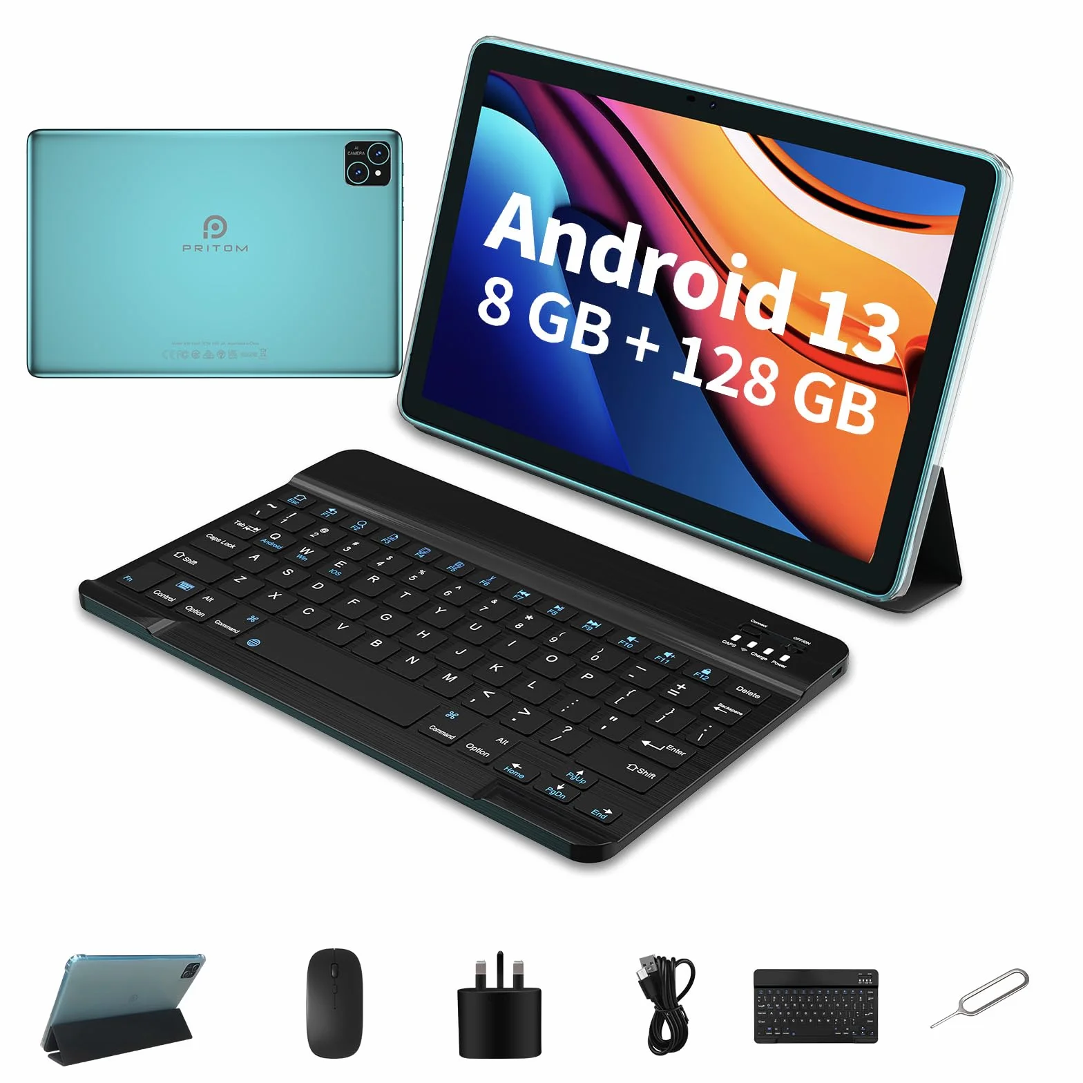 PRITOM 10-calowy tablet z systemem Android 14,3 w 1, 8 GB, 128 GB, z możliwością rozszerzenia do 1024 GB, 8000 mAh, tablet Wi-Fi, procesor Qcta-Core, Wi-Fi 6, Bluetooth, tablet z torbą, klawiaturą