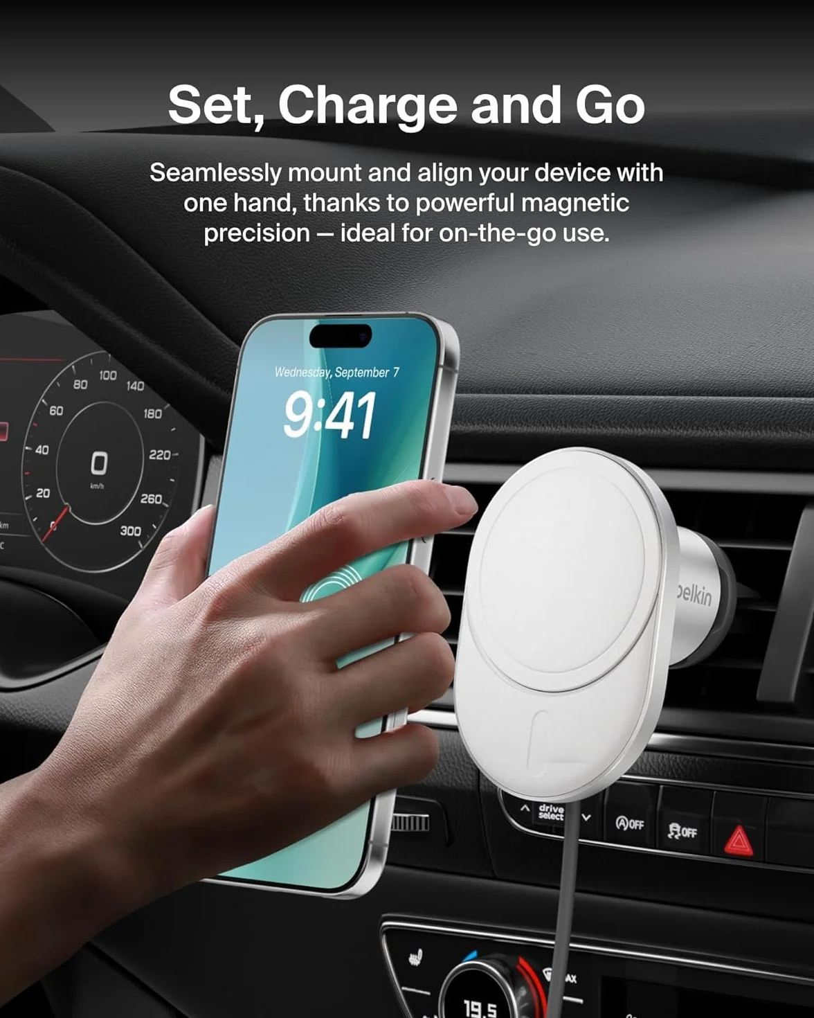 Belkin BoostCharge Pro magnetyczna bezprzewodowa ładowarka samochodowa 15W Qi2 MagSafe do iPhone 16-13 z kablem USB-C 1,5 m
