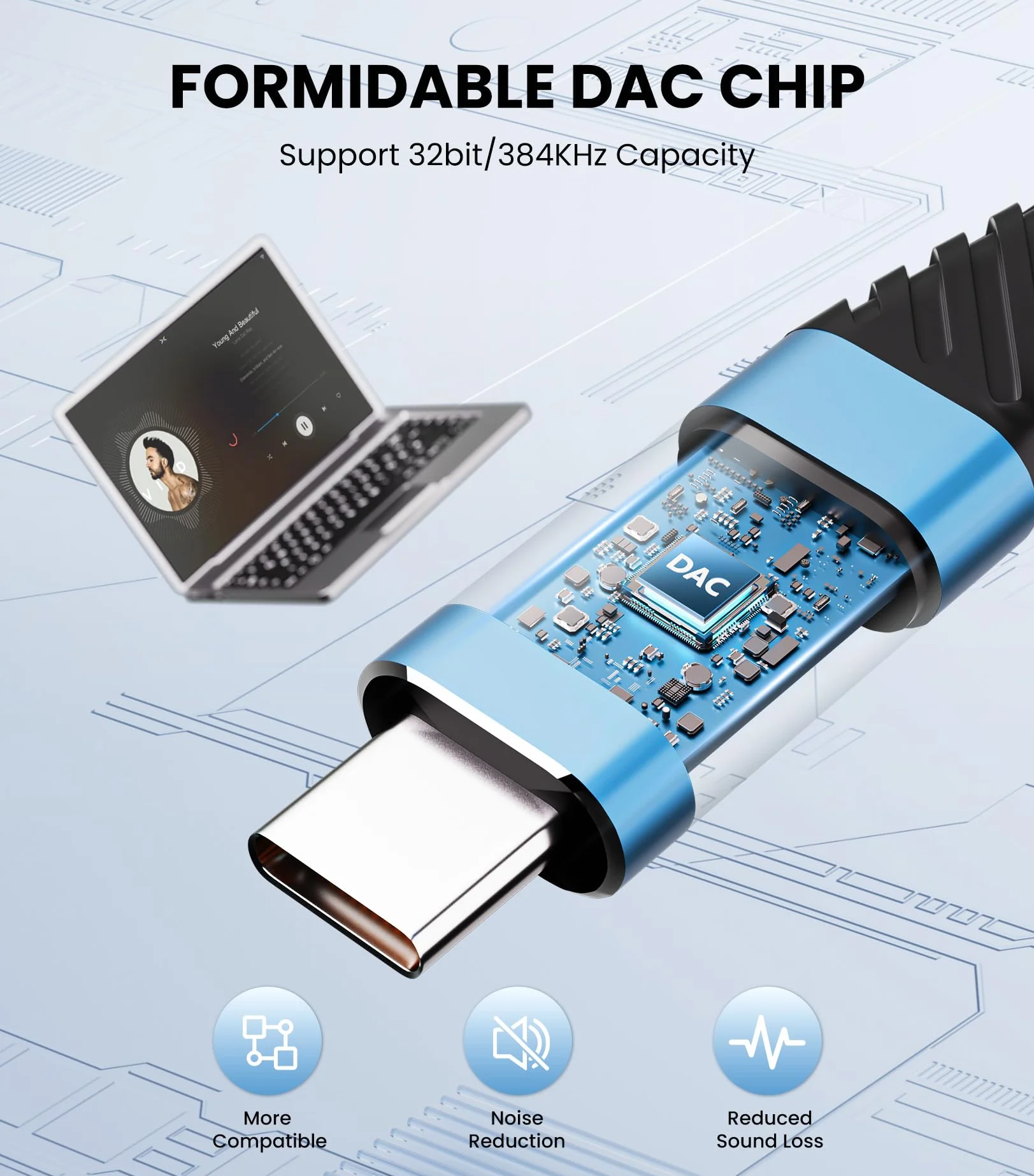 Tisino Adapter USB C na Jack 3,5 mm TRRS Żeński, Hi-Res DAC 384kHz/32Bit, Kabel USB C na AUX do Słuchawek, Kompatybilny z iPhone 16/15, Galaxy S24/S23/S22 1m