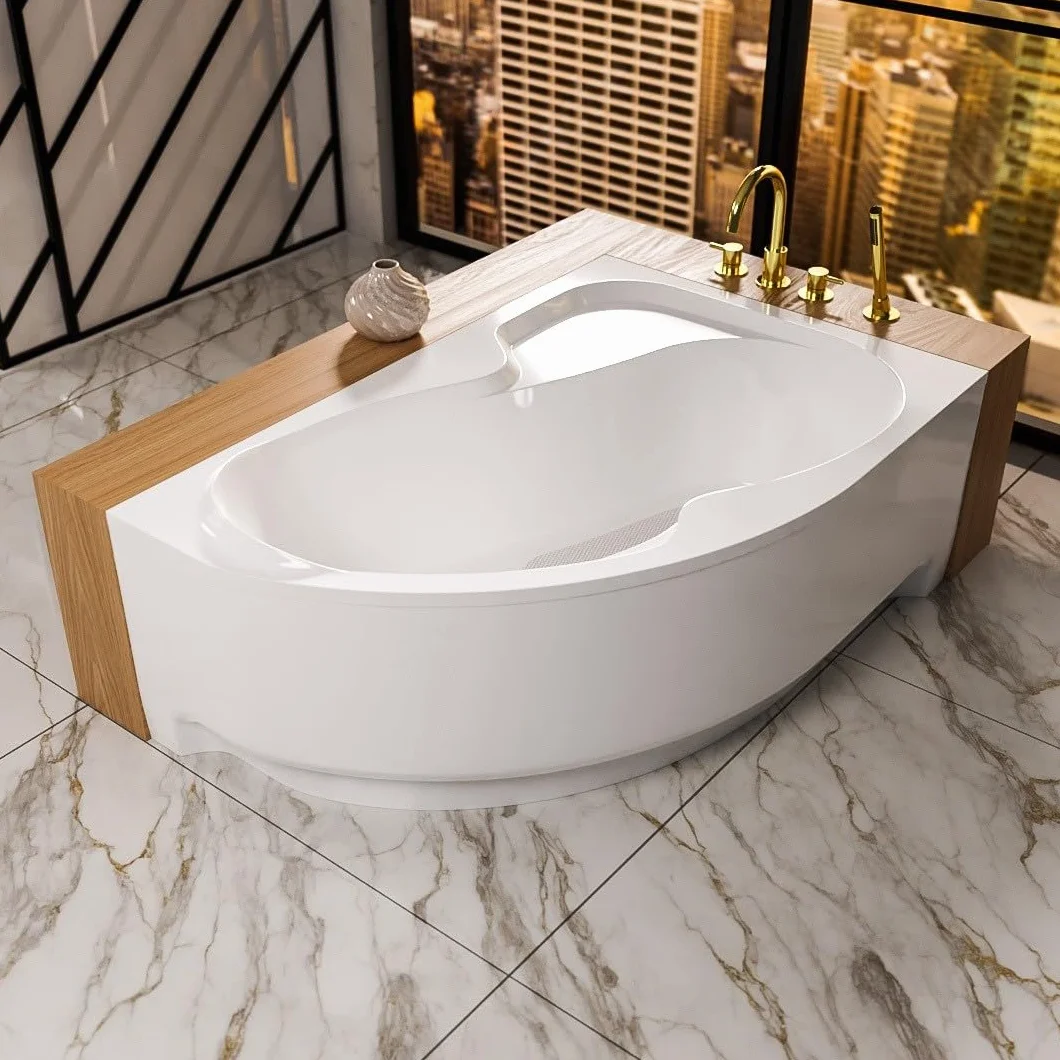 Wanna narożna ECOLAM® WELA 150x100 cm prawa z obudową | Wanna akrylowa Wanna sanitarna akrylowa + obudową akrylową + zagłówkiem Mare + automatycznym odpływem i przelewem | Antypoślizgowa, łatwa w piel