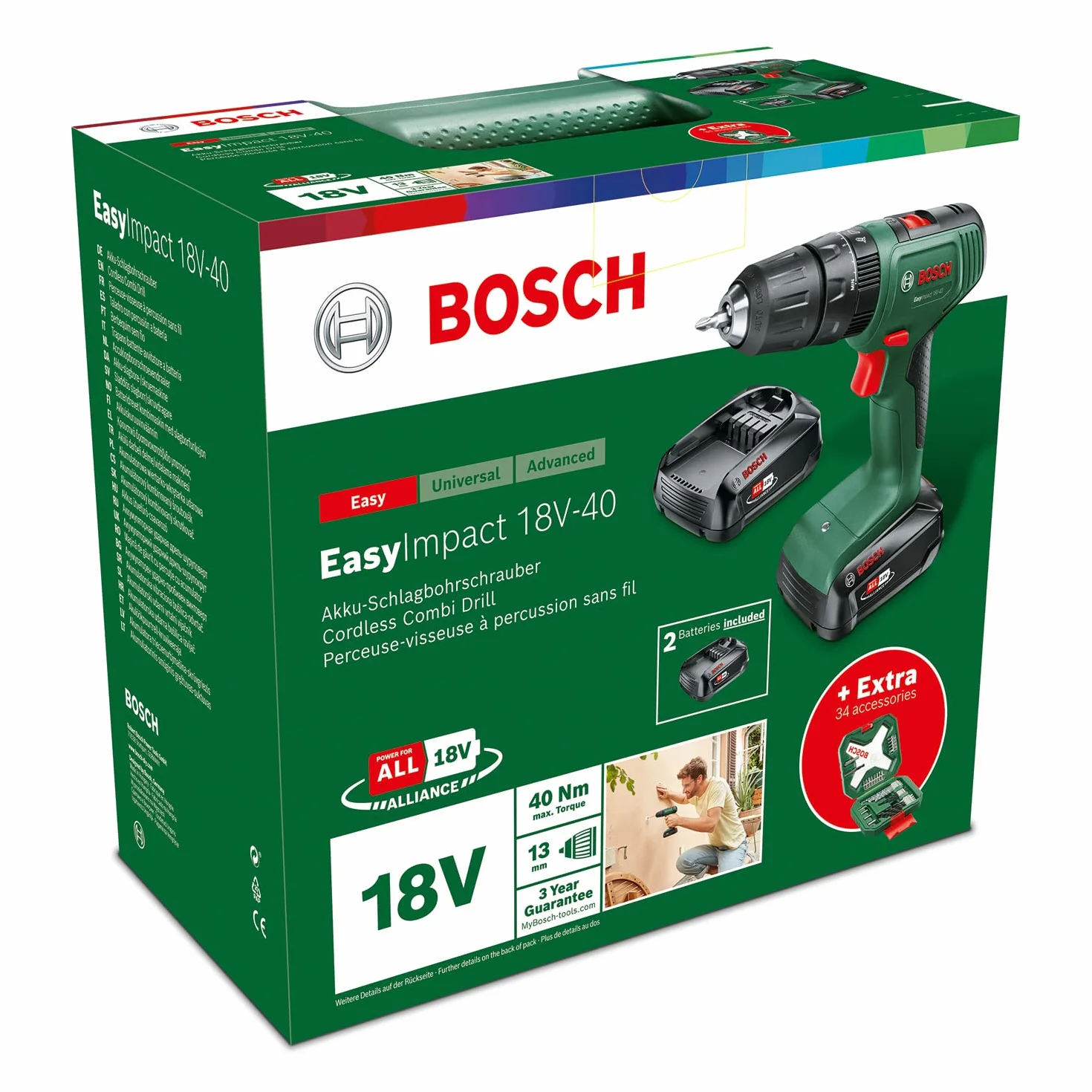 Bosch Home and Garden Akumulatorowa Wiertarka Udarowa EasyImpact 18V-40, 2 Akumulatory 2 Ah, System 18V, Zestaw Wkrętaków i Wierteł do Drewna, Kamienia i Metalu 43 Sztuk, Opakowanie Kartooptymalne