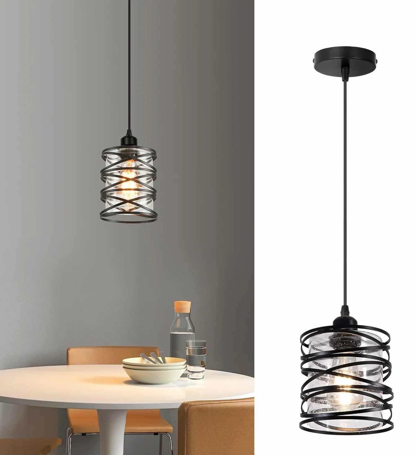 Zestaw 2 przemysłowych żyrandoli wiszących w stylu retro, vintage, metalowa lampa sufitowa E27 ze szklanym abażurem do sypialni, restauracji, salonu (2-klosz z przezroczystego szkła - A)