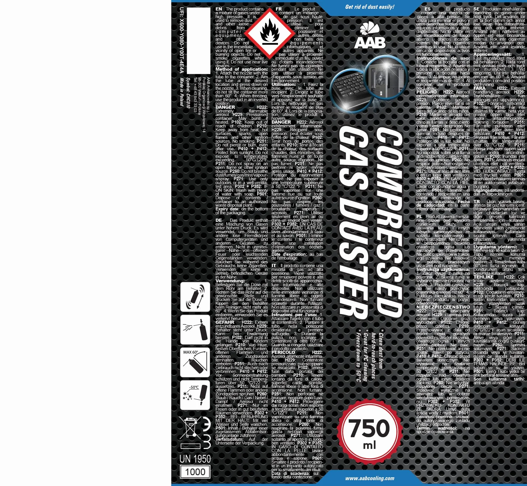 4 x AAB Compressed Gas Duster 750ml - Sprężony Gaz, Sprężone Powietrze do Wydmuchiwania Kurzu, Puszka, Aerozol do Czyszczenia Komputera, Klawiatury, Laptopa, Sprzętu Biurowego, PC