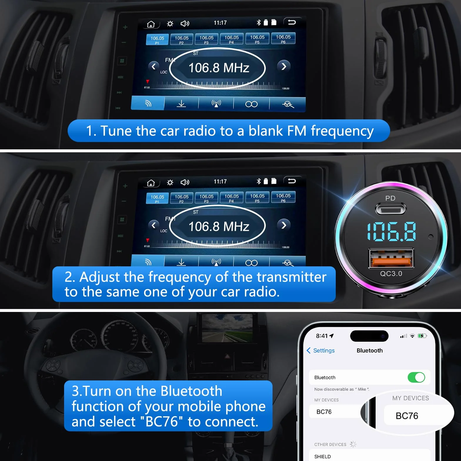 LENCENT 5.3 Bluetooth FM Nadajnik Samochodowy 20W USB-C QC3.0 Ładowarka Zestaw Głośnomówiący