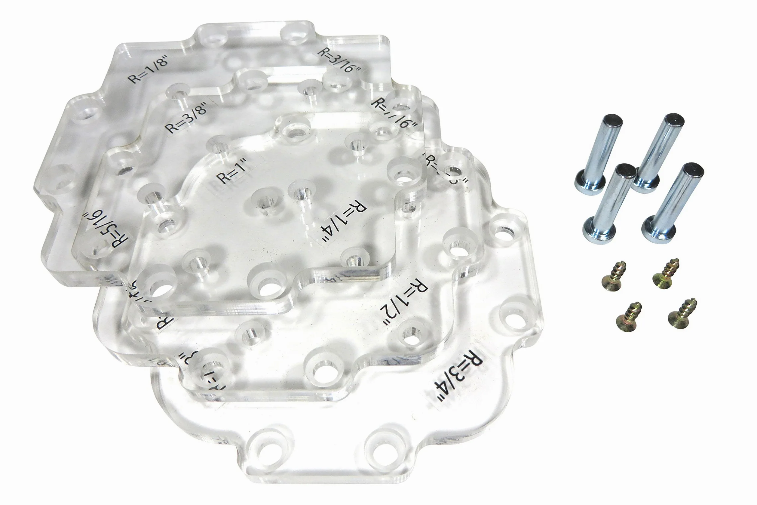 Taytools 300010 Promień zewnętrzny promień narożnika prowadnice do szablonów, 12 rozmiarów od 1/8 do 1 cala na 1/16, grubość 5/16 cala CNC przezroczysty akryl, 4-3/4 cala kwadratowy