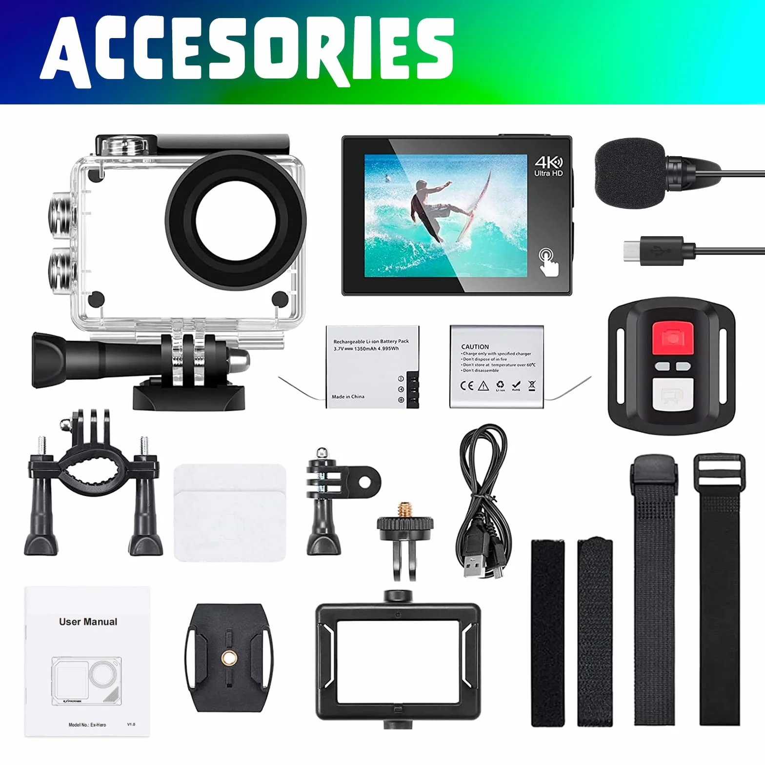 E-A-F Kamera sportowa 4K 30 kl./s Ultra HD wodoszczelna 40 m WiFi 170° pilot 2 akumulatory zestaw akcesoriów