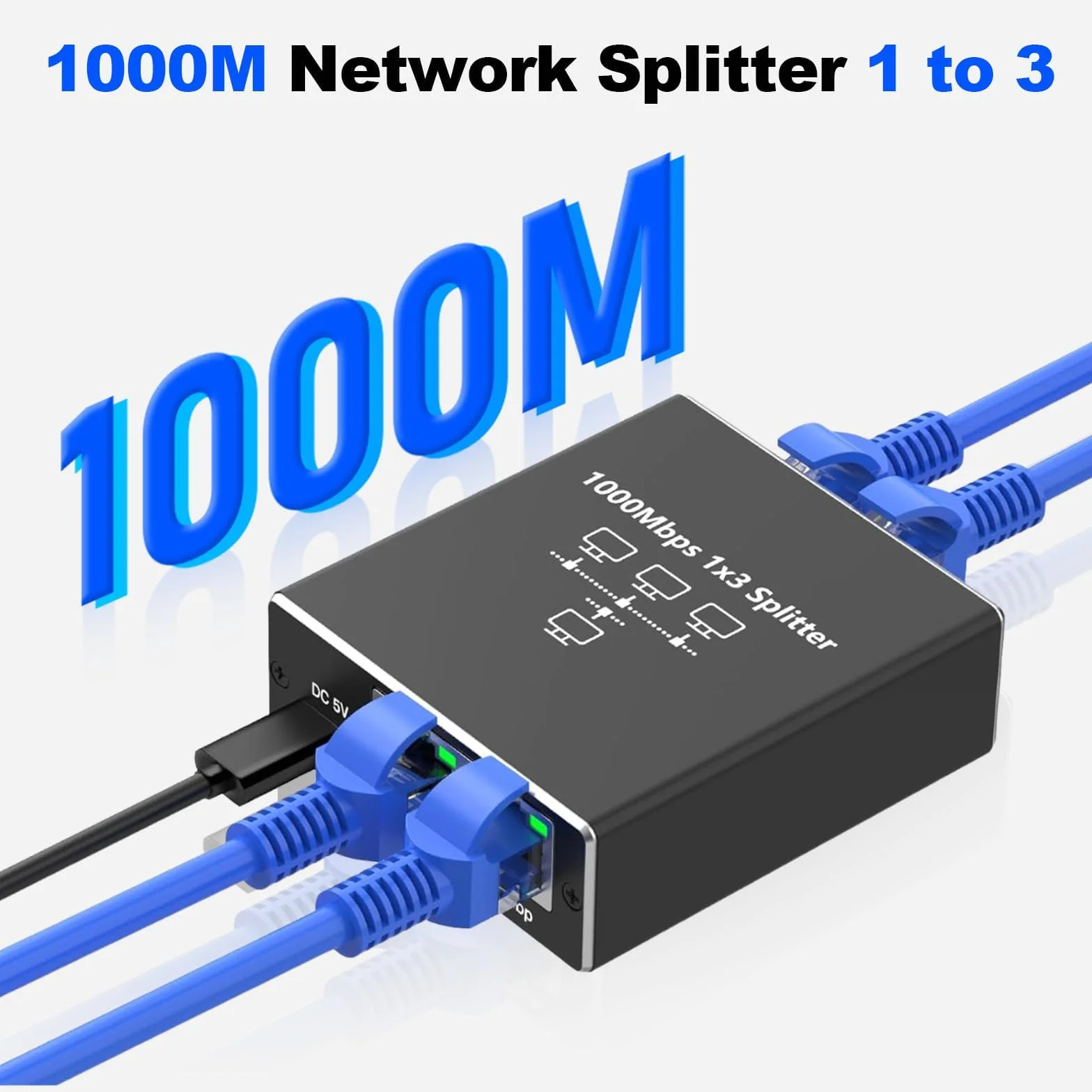 Loydia Rozdzielacz LAN 1 Na 3, Gigabit Ethernet Switch 3 Porty Z Kablem Sieciowym Typu C, 1000 Mbps RJ45 Do Komputera, Laptopa, Przełącznika, Routera, Gniazda Sieciowego, TV