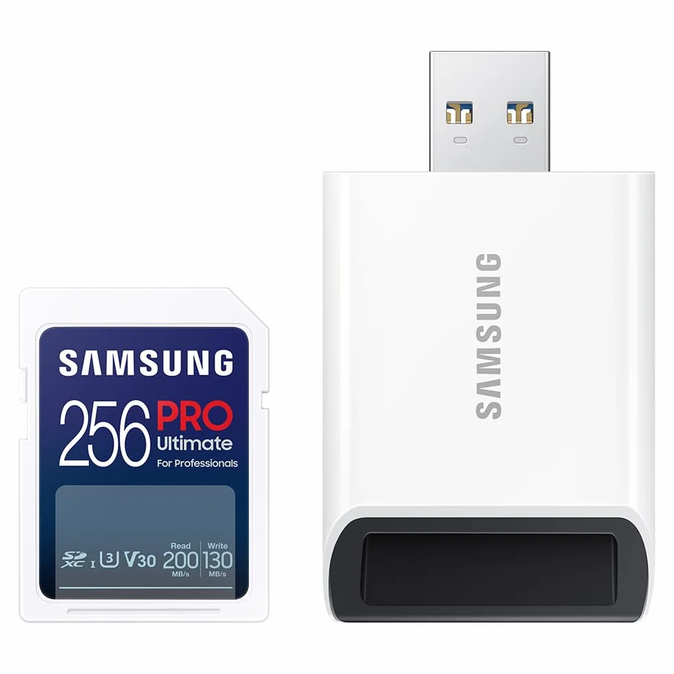 Samsung Karta SD PRO Ultimate 256 GB, UHS-I U3, Full HD i 4K UHD, odczyt 200 MB/s, zapis 130 MB/s, karta pamięci do smartfona, drona lub kamery, w zestawie czytnik kart USB, MB-SY256SB/WW