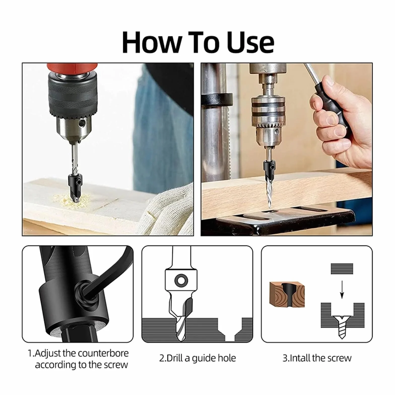 5pcs 7pcs High Speed Steel Tapered Countersink Drill Bit Set 1/4" Hex Shank Carpentry Reamer Stop Collars Screw Hole Drill Chamfer Woodworking Tools