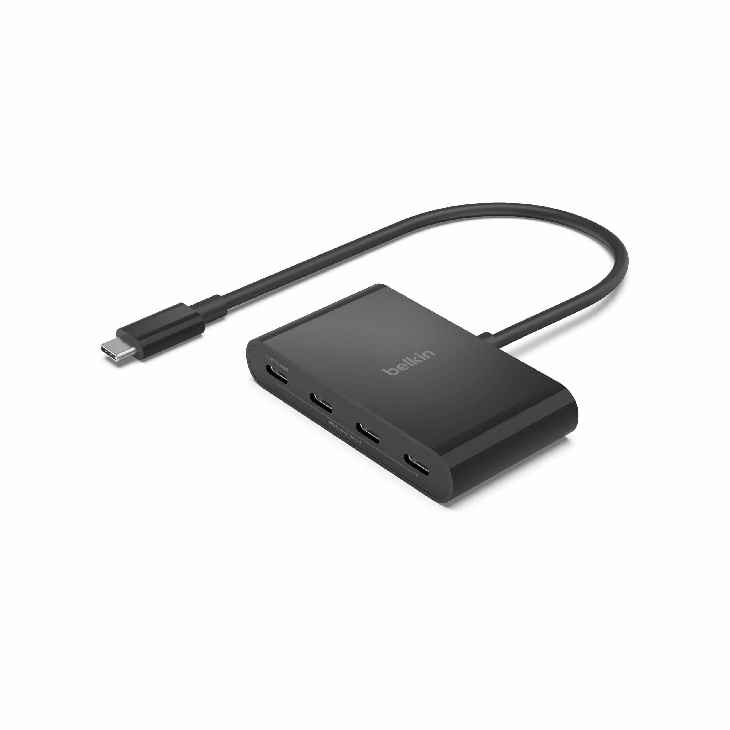 Belkin Hub USB-C, wieloportowy adapter Dongle z 4 portami USB-C 3.2 Gen 2 i PD 100 W, maksymalna prędkość transferu danych 10 Gb/s, do urządzeń MacBook, iPad, Chromebook, PC i innych, czarny