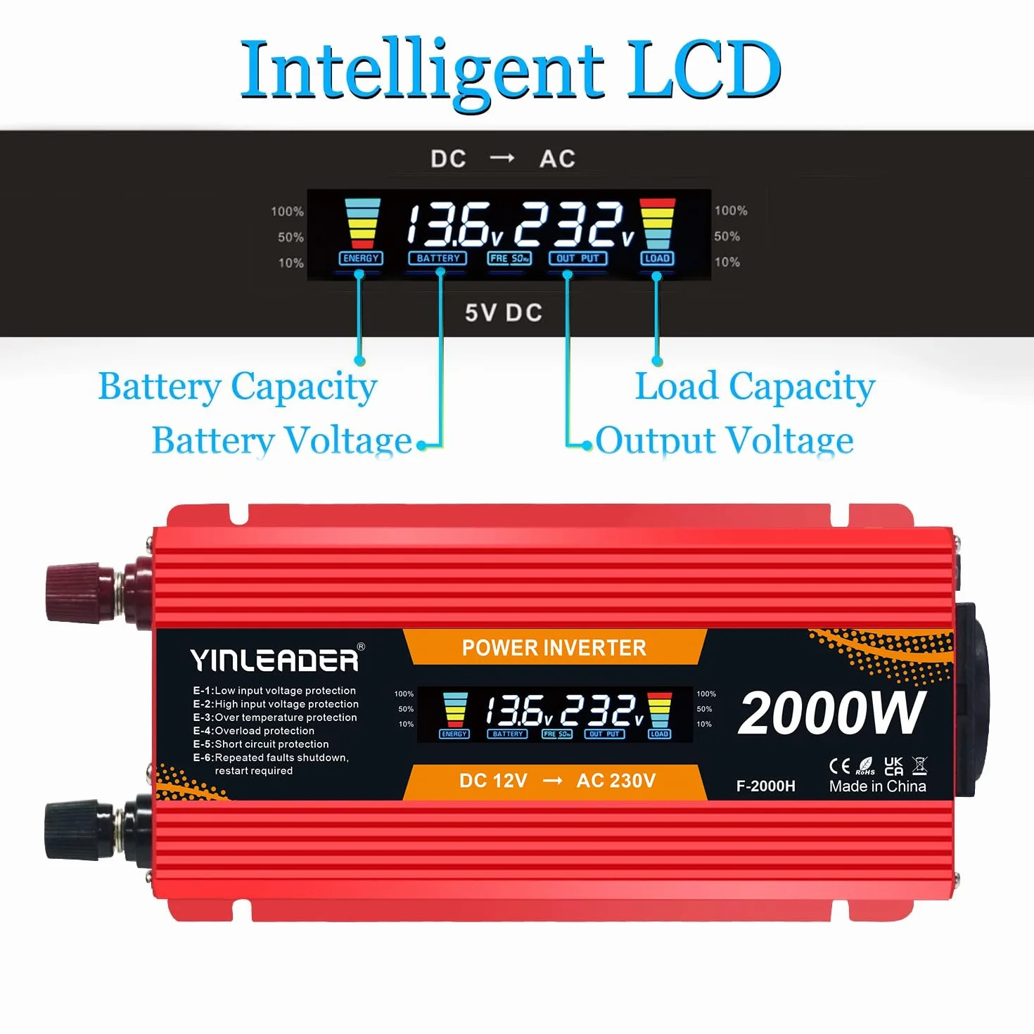 Przetwornica napięcia Power Inverter 12V 220V 850W 2000W z wyświetlaczem LCD 2 USB