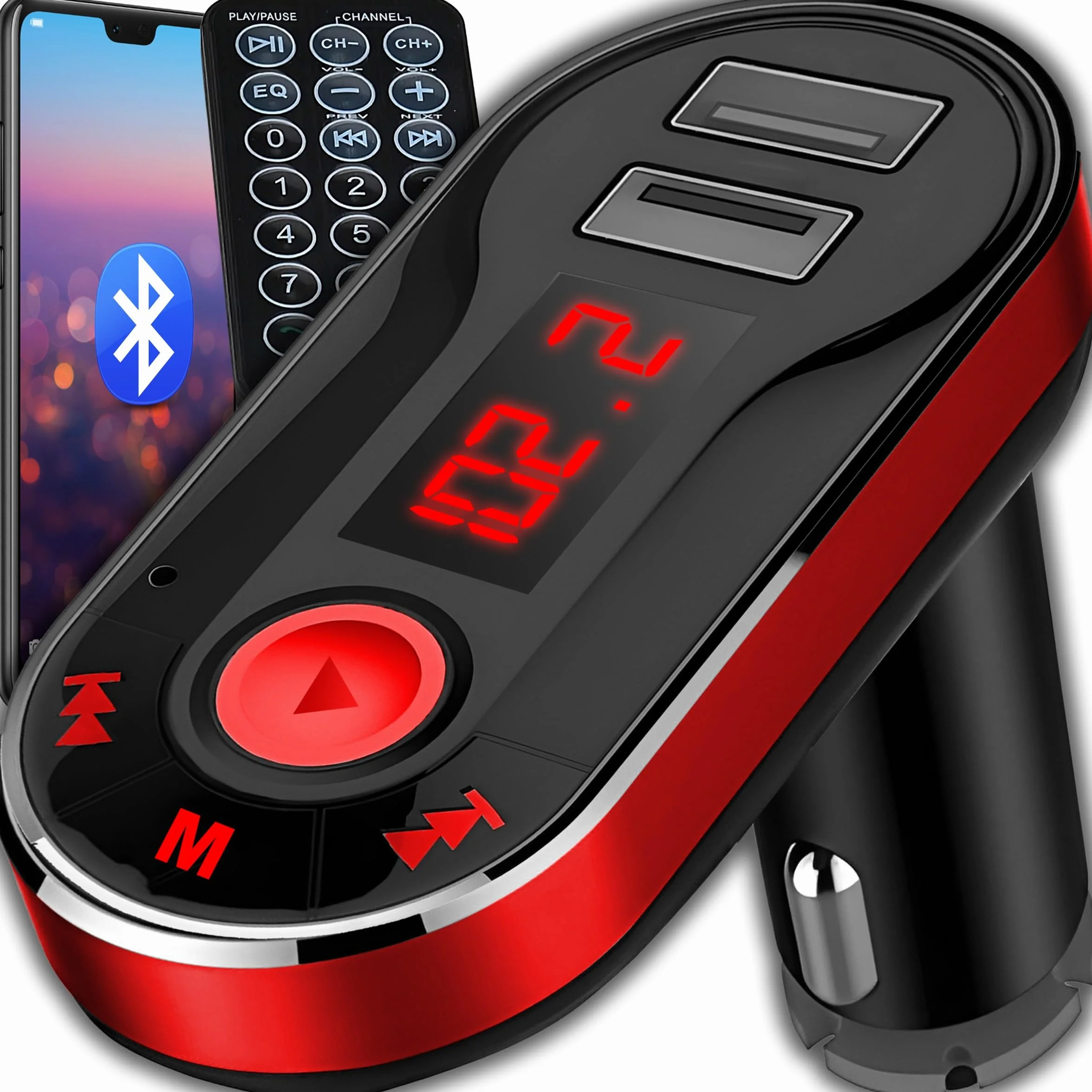 Retoo Samochodowy transmiter Bluetooth FM z adapterem radiowym, ładowarka Dual USB, wyświetlacz LCD, zestaw głośnomówiący, obsługuje kartę microSD, pilot zdalnego sterowania, ładowarka USB 2,1 A i