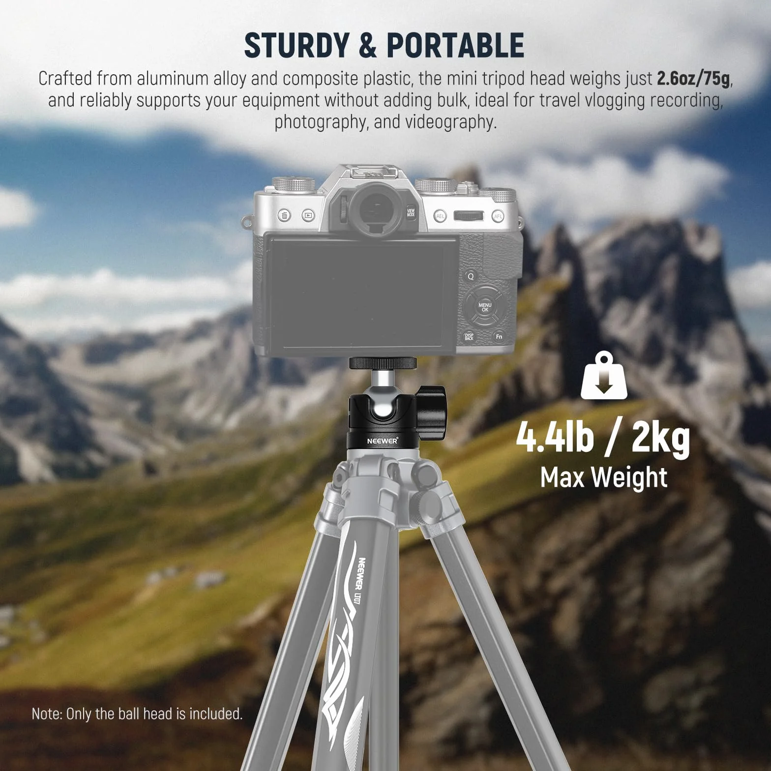 NEEWER BASIC Mini głowica kulki, przenośny adapter do kamery do montażu na głowicy statywu 1/4" do DSLR Action Cam Telefon LED Światło pierścieniowe suwak monopod, 4,4 funta maksymalne obciążenie, 360