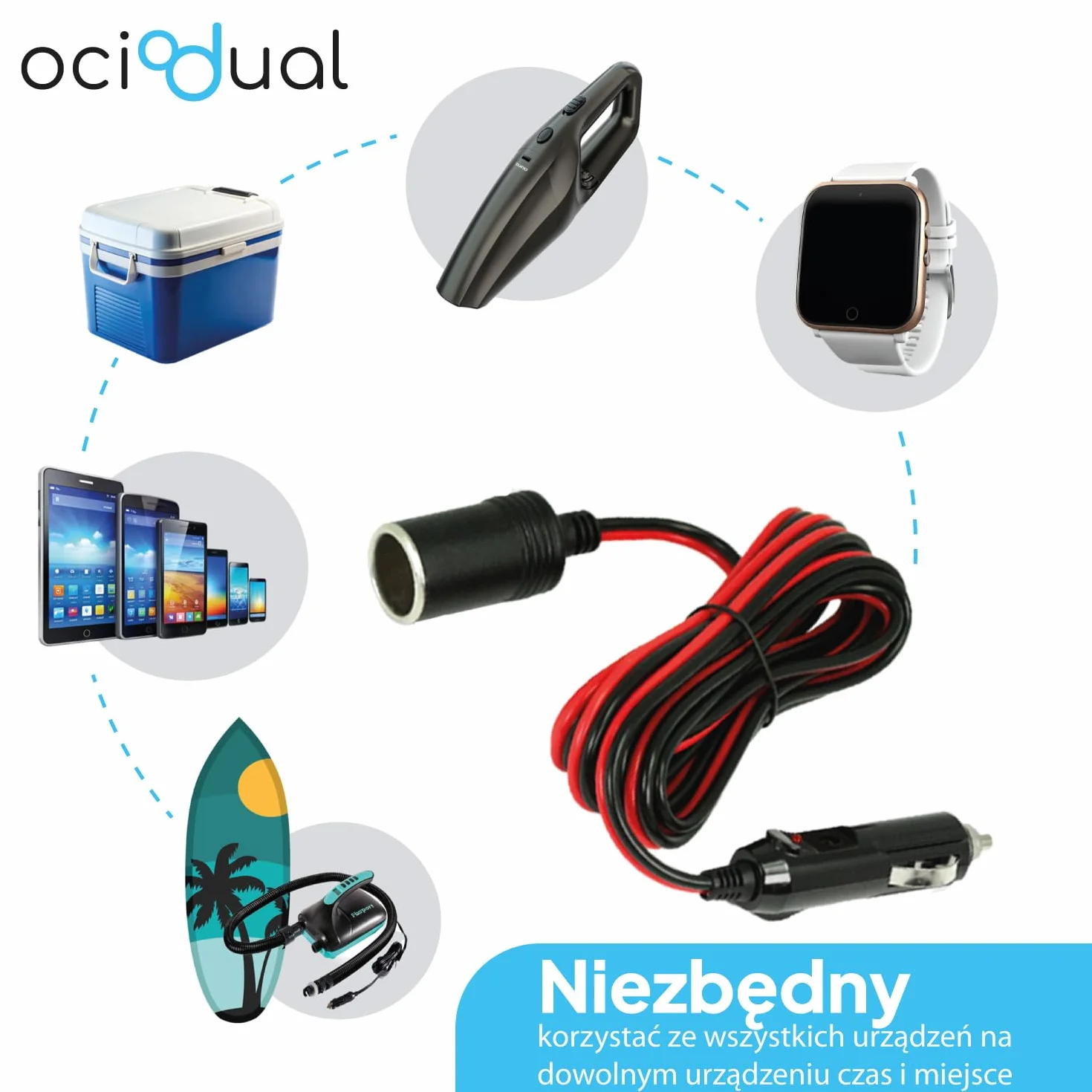 OcioDual Przedłużacz z wtyczką do gniazda zapalniczki samochodowej, 12 V / 24 V, czarny, przewód, przedłużacz do samochodów osobowych, ciężarowych i innych pojazdów