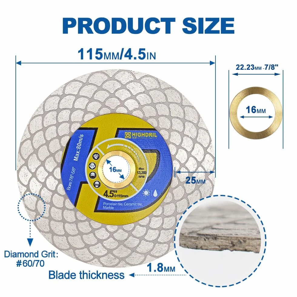 HIGHDRIL Diamentowa tarcza do cięcia i szlifowania płytek, 5 szt., 115 mm, tarcza do cięcia i szlifowania do płytek porcelanowych, granitu, marmuru, ceramiki, kwarcu, ostrza w kształcie wachlarza