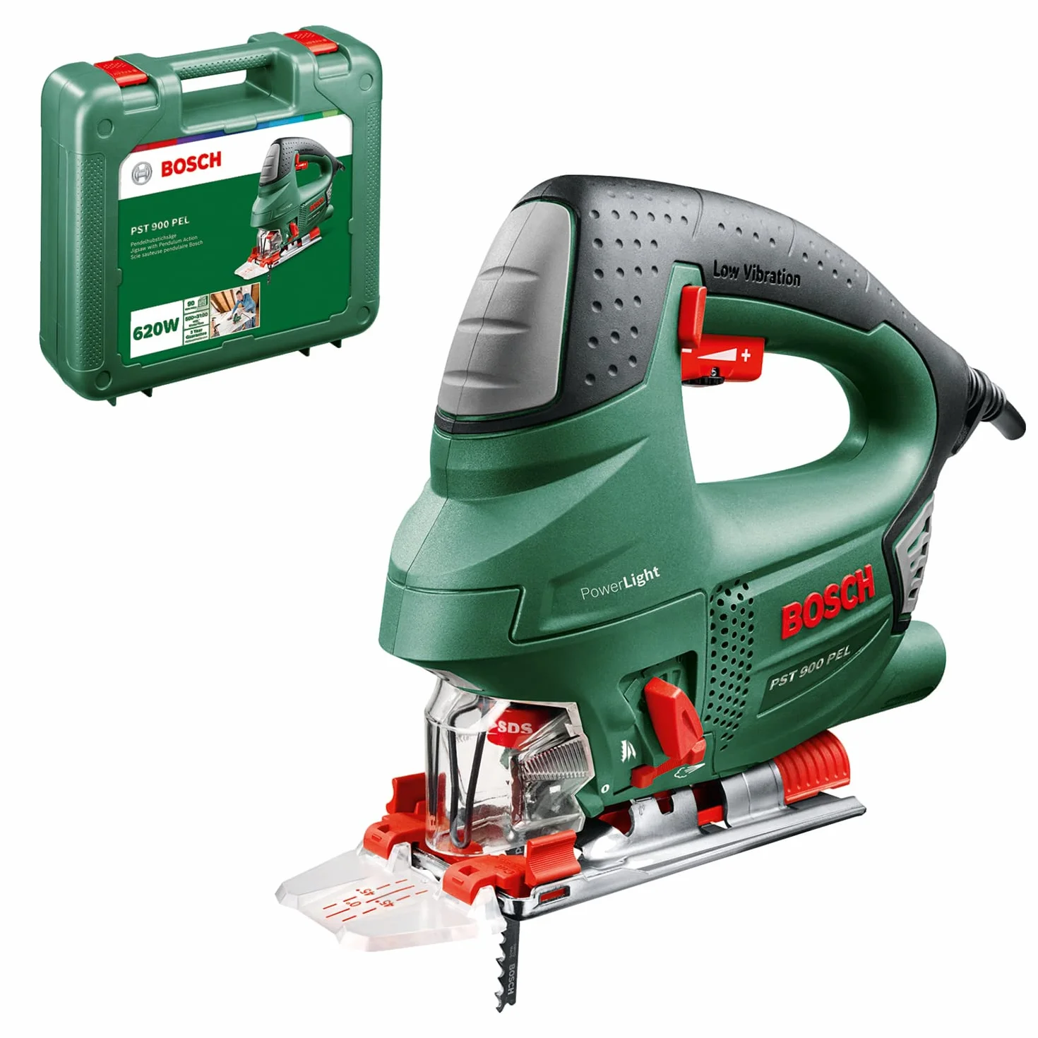 Bosch PST 900 PEL wyrzynarka (620 W, prędkość skokowa przy biegu jałowym 500 do 3100 obr./min, w walizce z tworzywa sztucznego)
