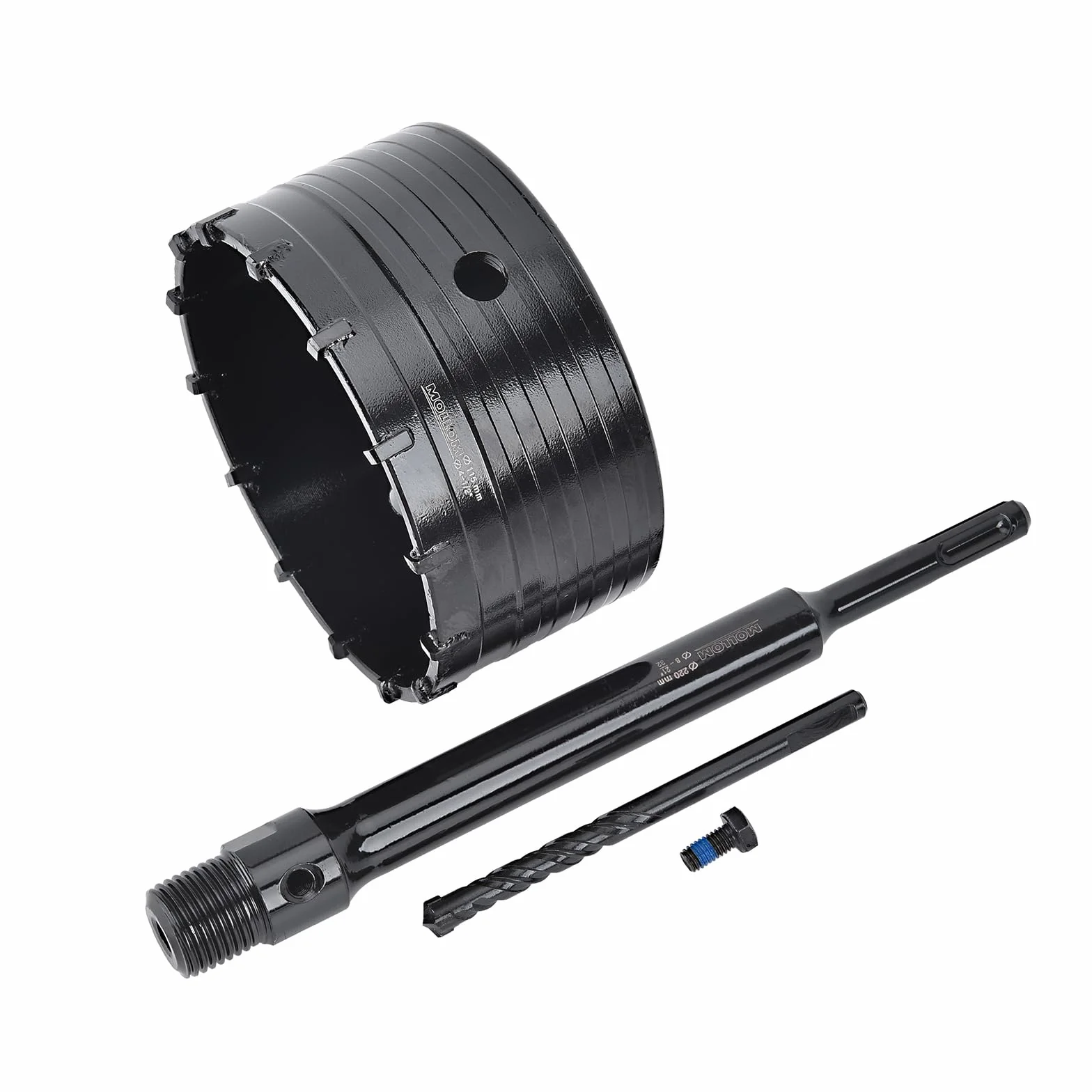 Mollom (115mm | 4-1/2") wiertło koronowe do betonu, przedłużka z trzpieniem SDS Plus 220 mm, wiertło koronowe ciężkiego typu z wiertłem centrującym 110 mm do kamienia, cegły, ścian i muru