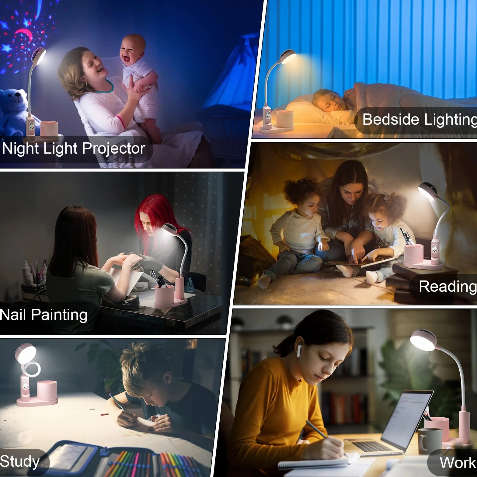 Lampka biurkowa dla dzieci, nocna z uchwytem na długopis, LED, Kawaii, zmiana koloru automatyczna, przyciemniona do czytania