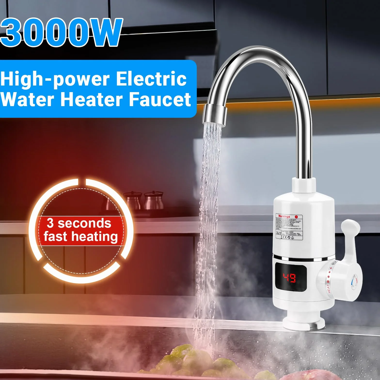 Kran z przepływowym podgrzewaczem wody, bateria elektryczna 360°, cyfrowy wyświetlacz temperatury LCD, podgrzewacz wody, 220 V, kran z podgrzewaczem wody, do kuchni, ogrodu, przyczepy kempingowej