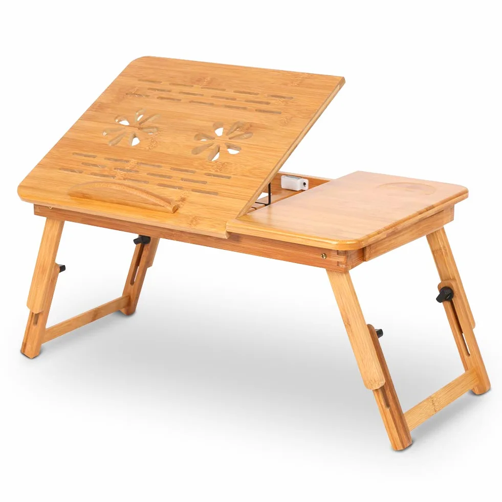 Laptoptisch Beistelltisch Bambus mit Schublade Höhenverstellbar (53-58,8) x 29.7 cm