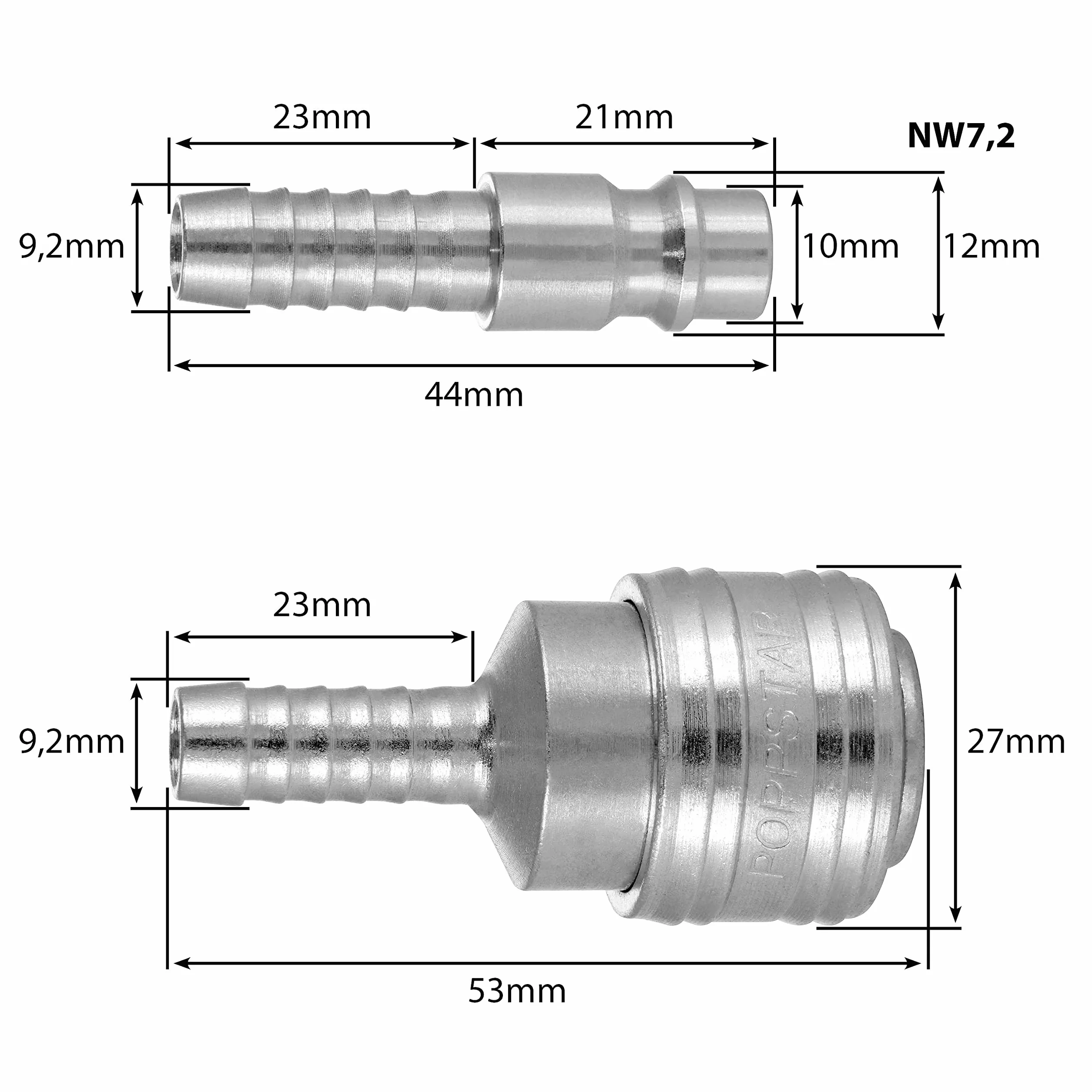 Poppstar wąż pneumatyczny 15m (hybrydowy: PVC wzmocniony tkaniną, średnica wew 9,2mm z szybkozłączką i wtyczką złącza) do 20 bar, niebieski