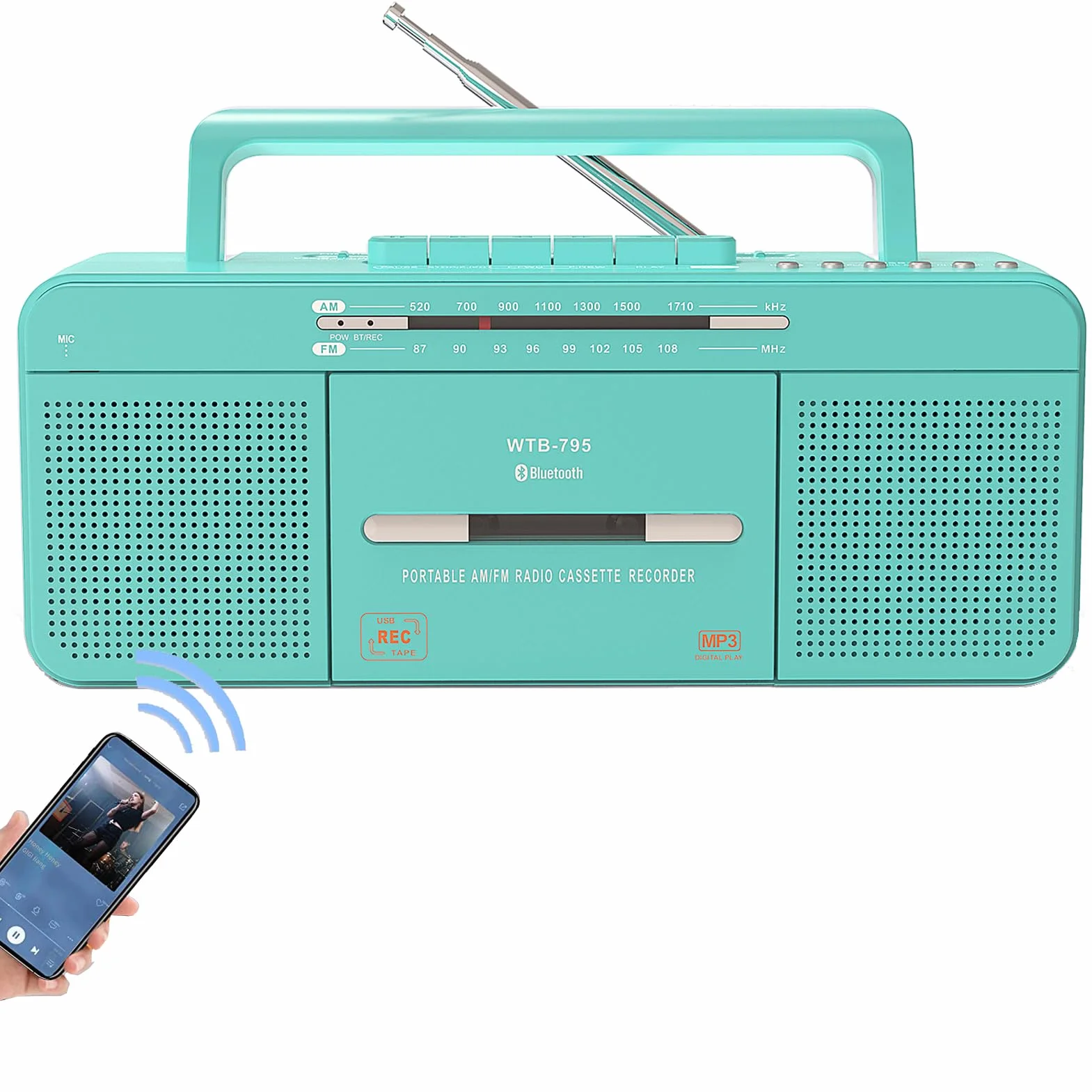 WISCENT Odtwarzacz kasetowy USB Bluetooth AM/FM Radio stereo, konwerter na MP3, głośniki 3", przenośny