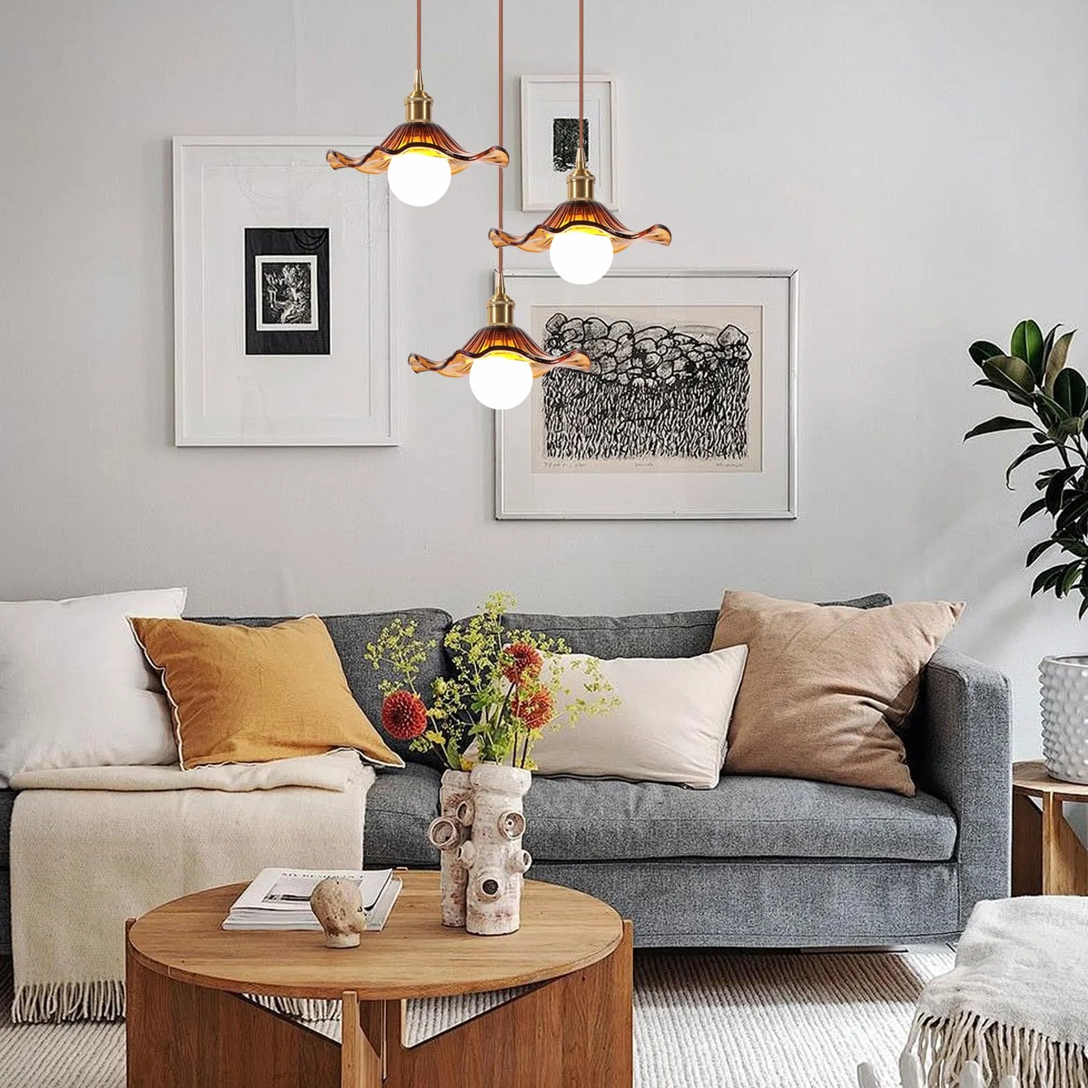 3 Lampy Wiszące ze Szklanego Bursztynu w Stylu Kwiatowym z Posrebrzanego Mosiądzu Nowoczesne Oświetlenie Sufitowe Art Déco Wewnętrzne Zawieszone Do Salonu, Jadalni, Sypialni, Kuchni