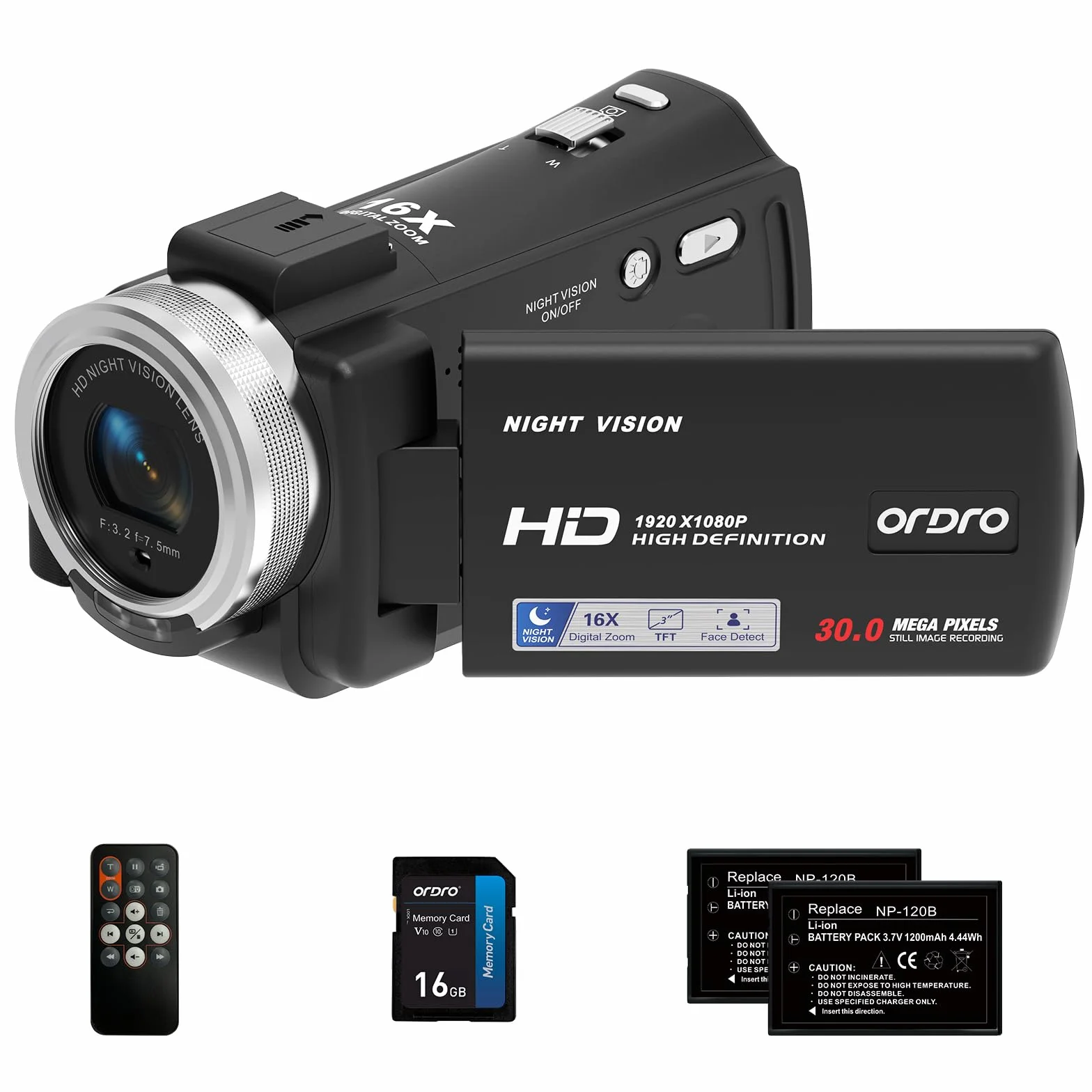ORDRO V12 Full HD 1080P 30FPS kamera wideo noktowizyjna na podczerwień LCD 16-krotny zoom z pilotem i kartą 16 GB