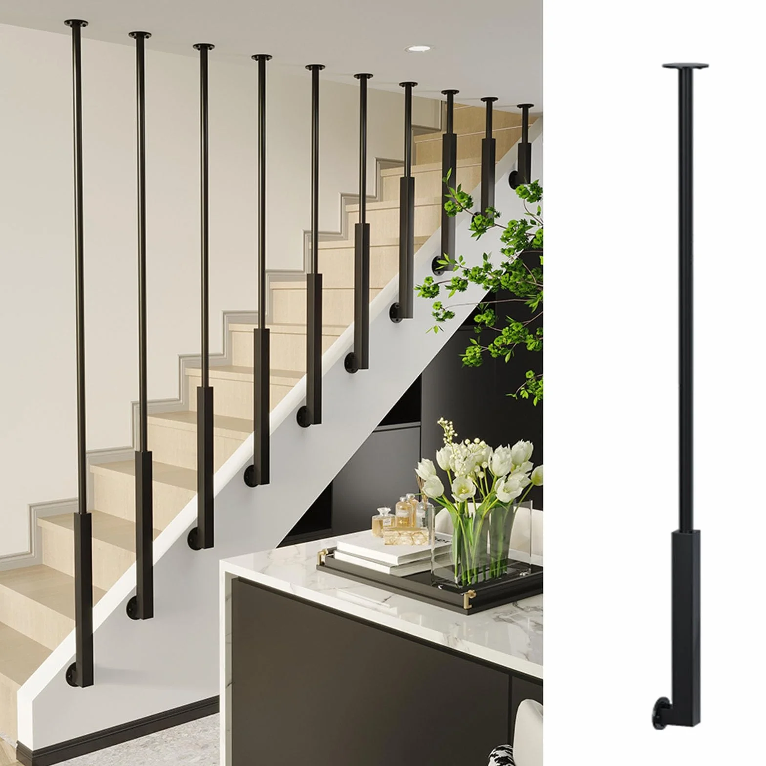 Konfigurowalne czarne metalowe tralki do schodów poziomych i nachylenia zapobiegają upadkom z trwałymi wrzecionami 205 cm / 80,7 cala Uniwersalne tralki schodowe (1 szt.)