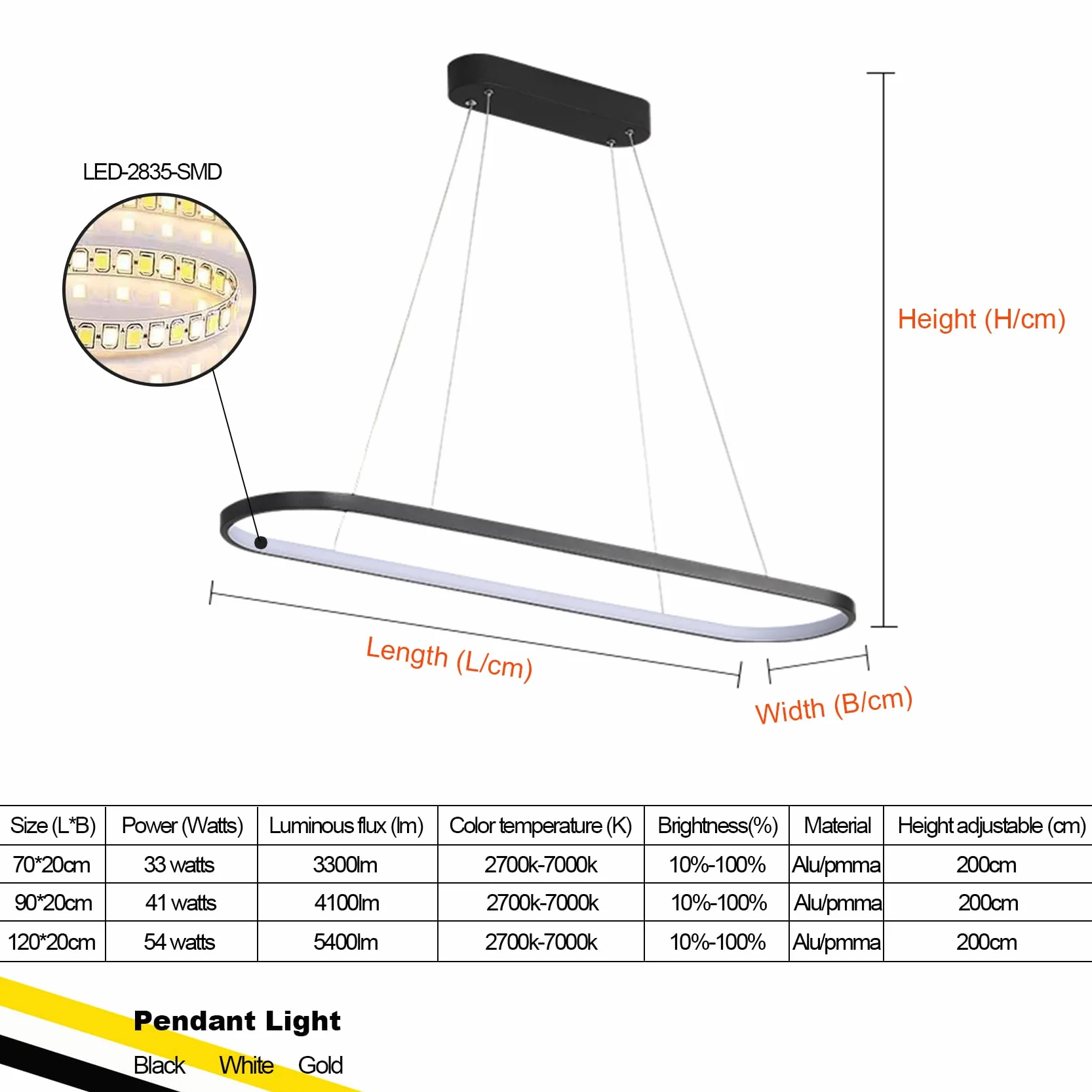 Lampa wisząca LED ściemnialna z pilotem Owalna 120CM Złoto do jadalni kuchni biura