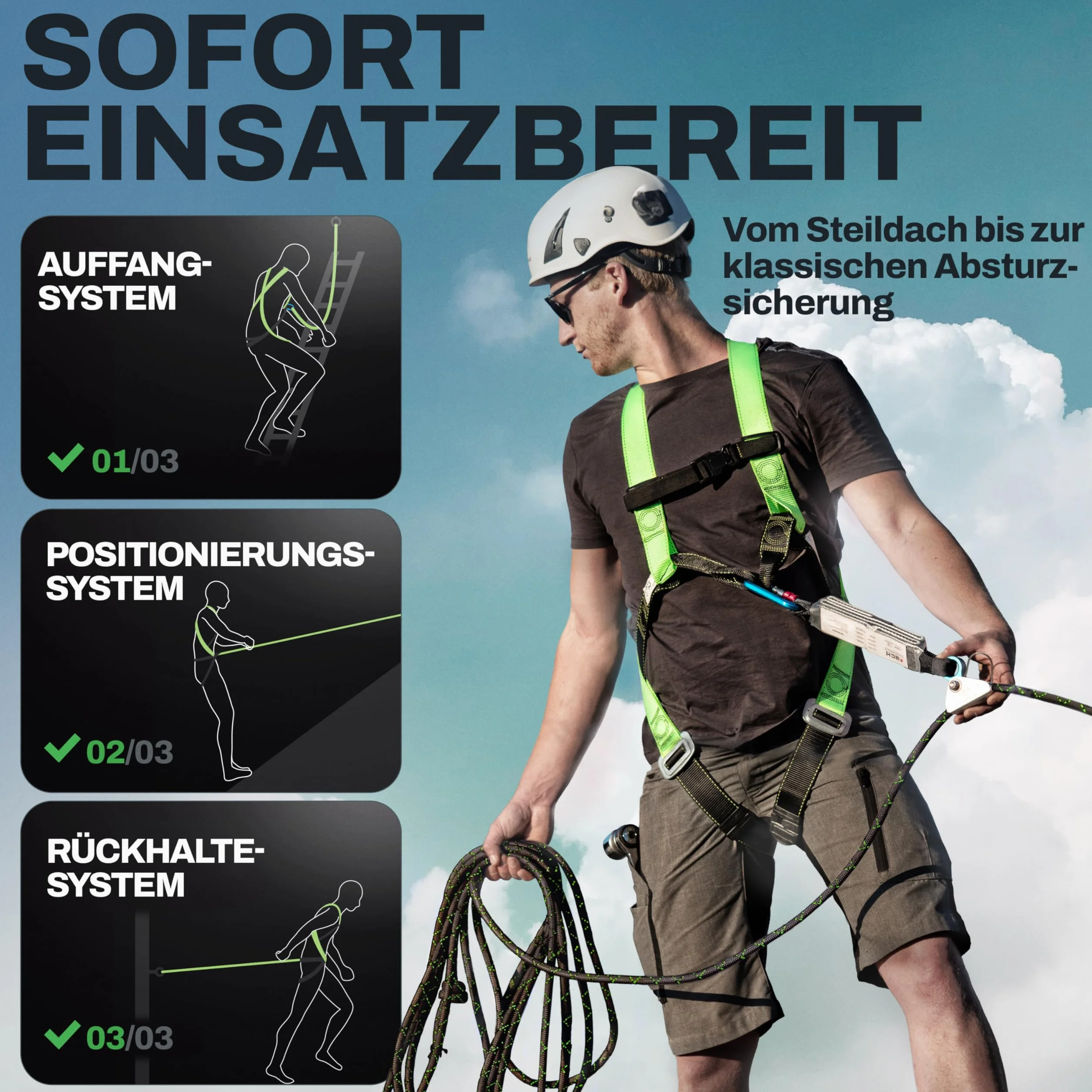 FLG Safetytec Fallschutz Komplettset 2-Punkt Auffanggurt 10m Verbindungsmittel 2m Bandschlinge EN353 EN361 EN795