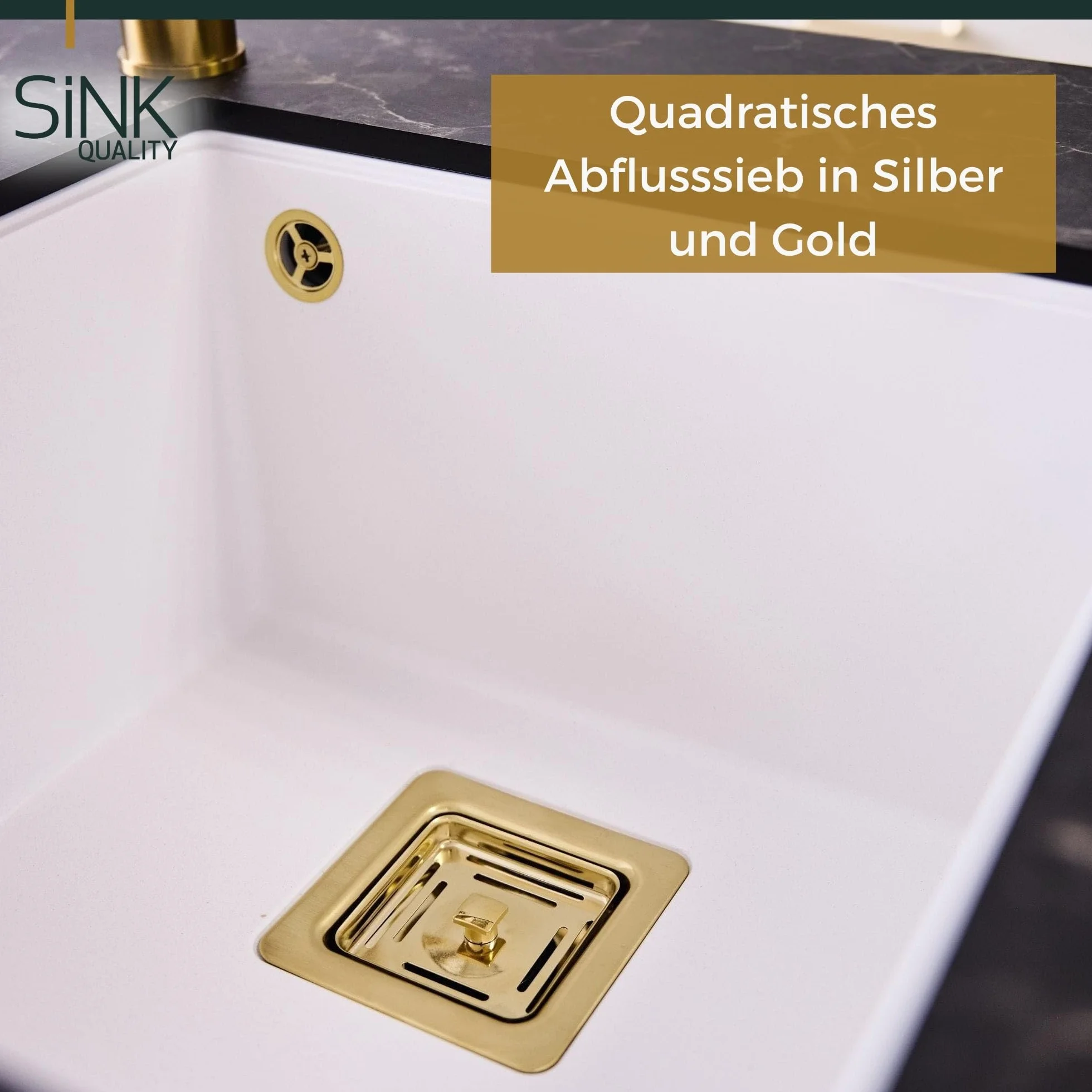 Sink Quality zlewozmywak do zabudowy czarny 55 x 42 cm – zlewozmywak do zabudowy w jednej płaszczyźnie wraz z syfonem złotym i środkiem impregnującym – granitowy zlewozmywak do szafki pod umywalkę 60