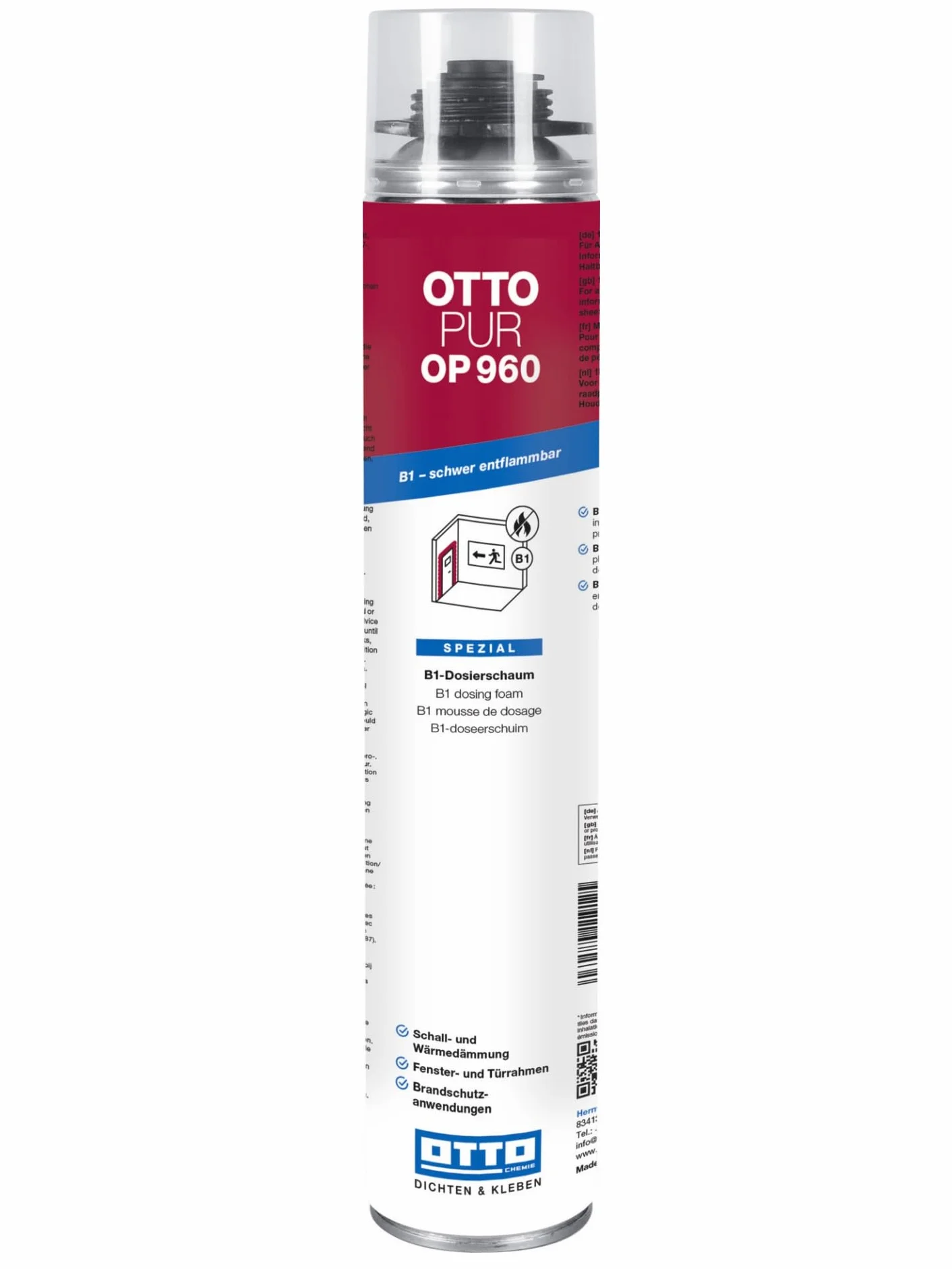 12 x OTTO-PUR OP960 750 ml pianka przeciwpożarowa B1, pianka dozująca do pistoletu, pianka montażowa do wypełniania, izolacji i izolacji, pianka budowlana pianka wygłuszająca 60 dB do pistoletów