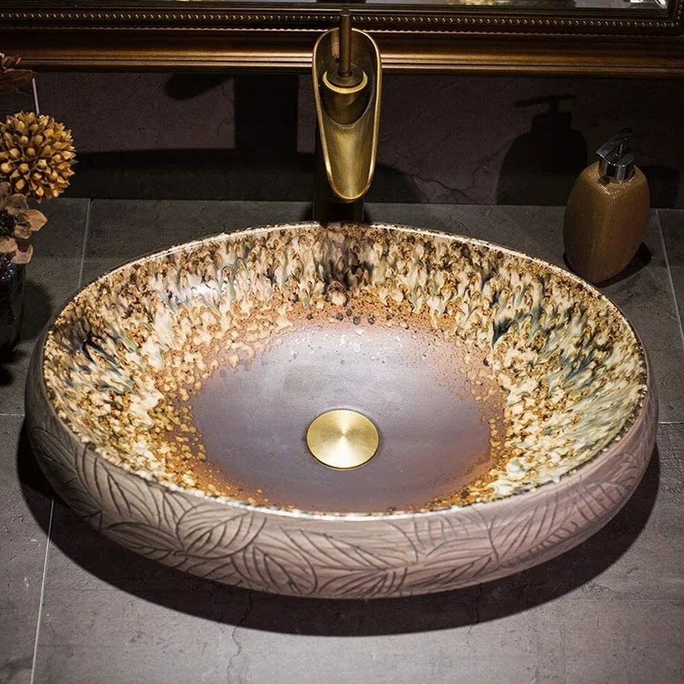 Szafka Pod Umywalkę Z Umywalką, Umywalka Nablatowa, Umywalka Nablatowa Łazienkowa 21 X 14 Cali, Europejska Rustykalna, Owalna, Porcelanowa, Ceramiczna Umywalka Nablatowa