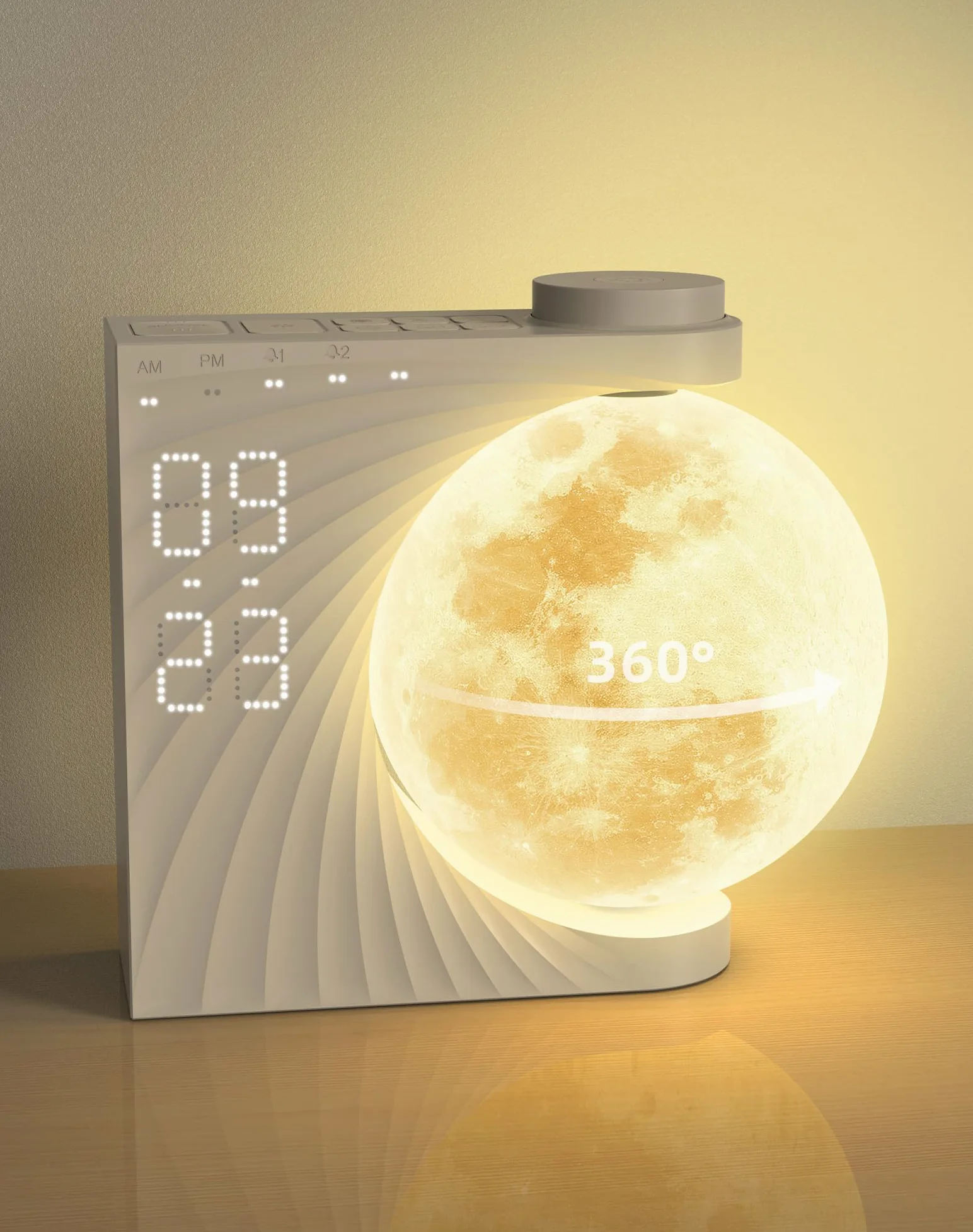 Lampa księżycowa z budzikiem, Obrotowy budzik świetlny, Księżycowy budzik obrotowy, 10 kojących dźwięków z kolorowym trybem oświetlenia,Podwójne alarmy, Funkcja drzemki, Światło budzenia