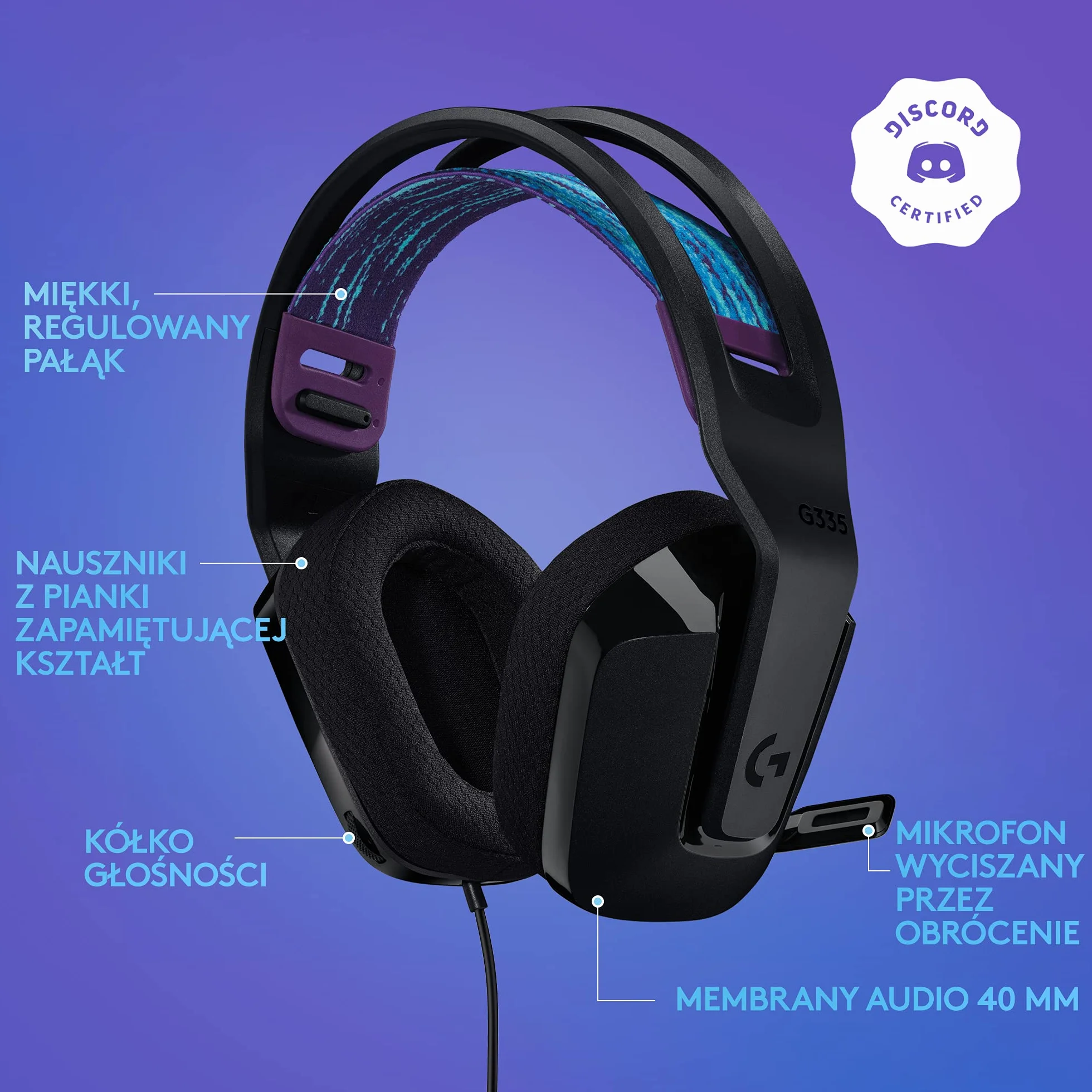 Logitech G335 Przewodowy zestaw słuchawkowy do gier z mikrofonem Flip to Mute, Mini Jack 3,5 mm, nauszniki z pianki memory, kompatybilny z PC, PlayStation, Xbox, Nintendo Switch - Czarny