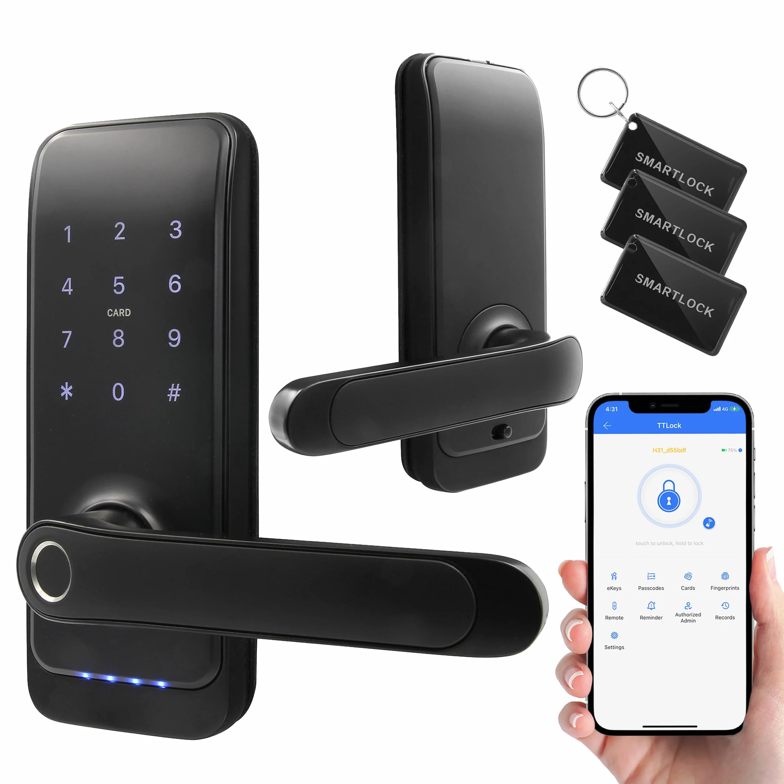 EURA ELH-01H4 inteligentny zamek do drzwi z uchwytem, zamek kodowy, czytnik zbliżeniowy 13,56 MHz, czytnik biometryczny, aplikacja TTLock/TTHotel, IP65, uniwersalny odstęp rygli, czarny