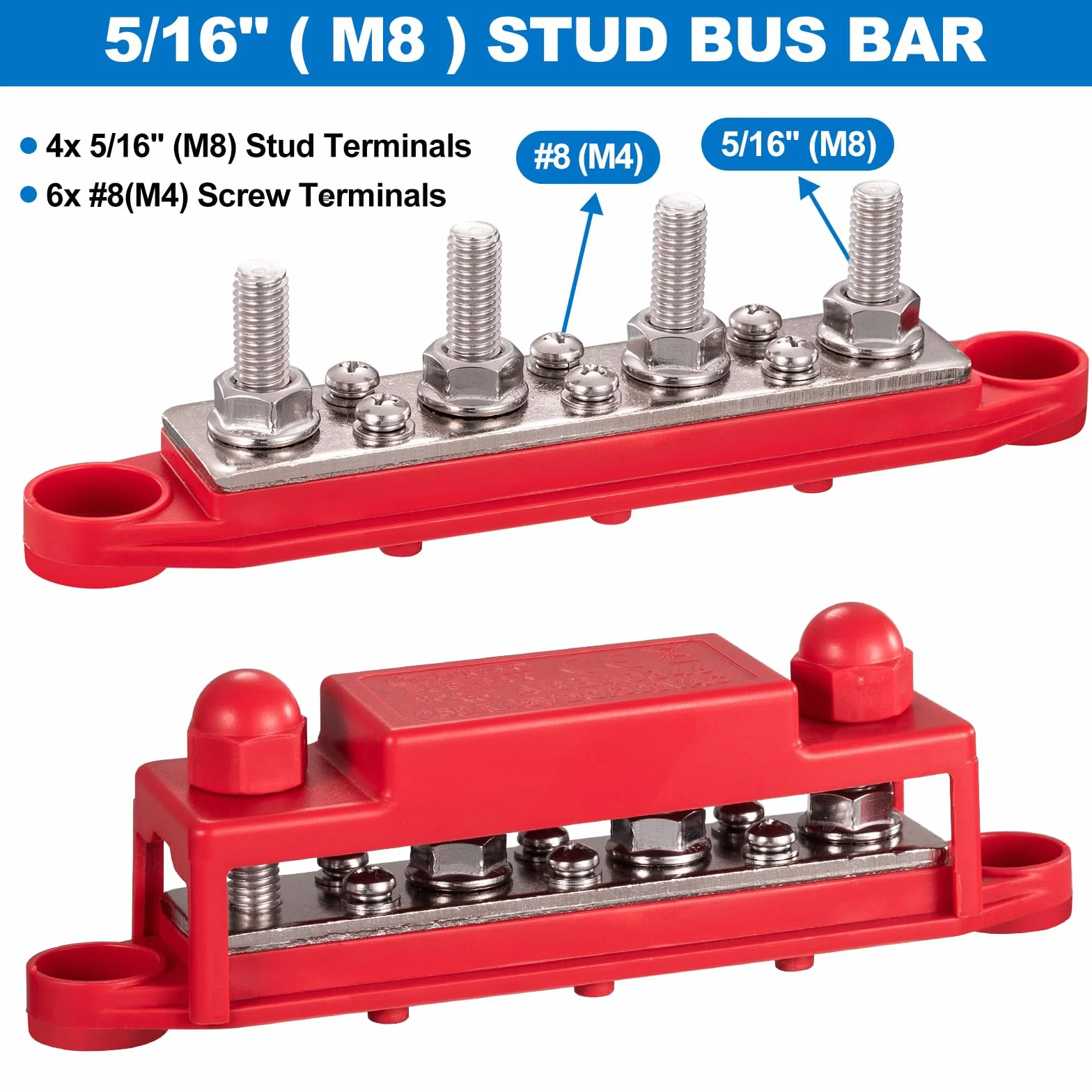 Spurtar 12V Szyna Zbiorcza Bus Bar 250A - 4x M8 Zaciski, 6x M4 Śruby, Blok Dystrybucji Zasilania 12V/24V/48V do Samochodu, Kampera, Łodzi, ATV, Przyczepy - Nie nadaje się do ciasnych przestrzeni