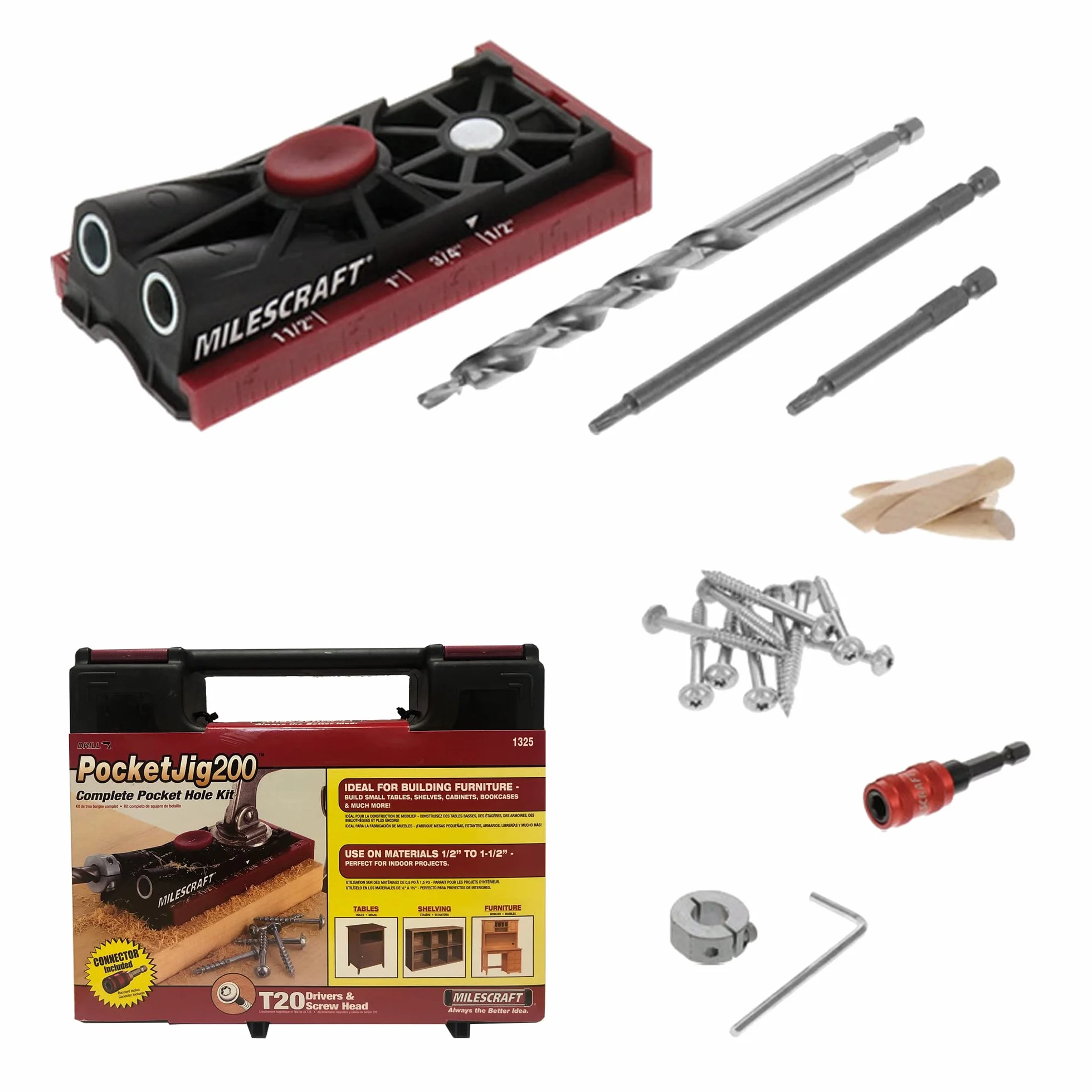 Milescraft 1325 Pocket Jig 200 – kompletny system podwójnych/podwójnych otworów kieszonkowych. Łatwy w użyciu, prowadnica do wiercenia otworów kieszonkowych, przyrząd śrubowy ze wszystkimi