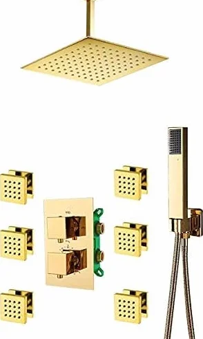 Zestaw baterii prysznicowych termostatycznych Gold, 3-drożny, wbudowany złoty kran termostatyczny z 6 dyszami masującymi, zestaw do wanny i prysznica, 12 Inch Full Set