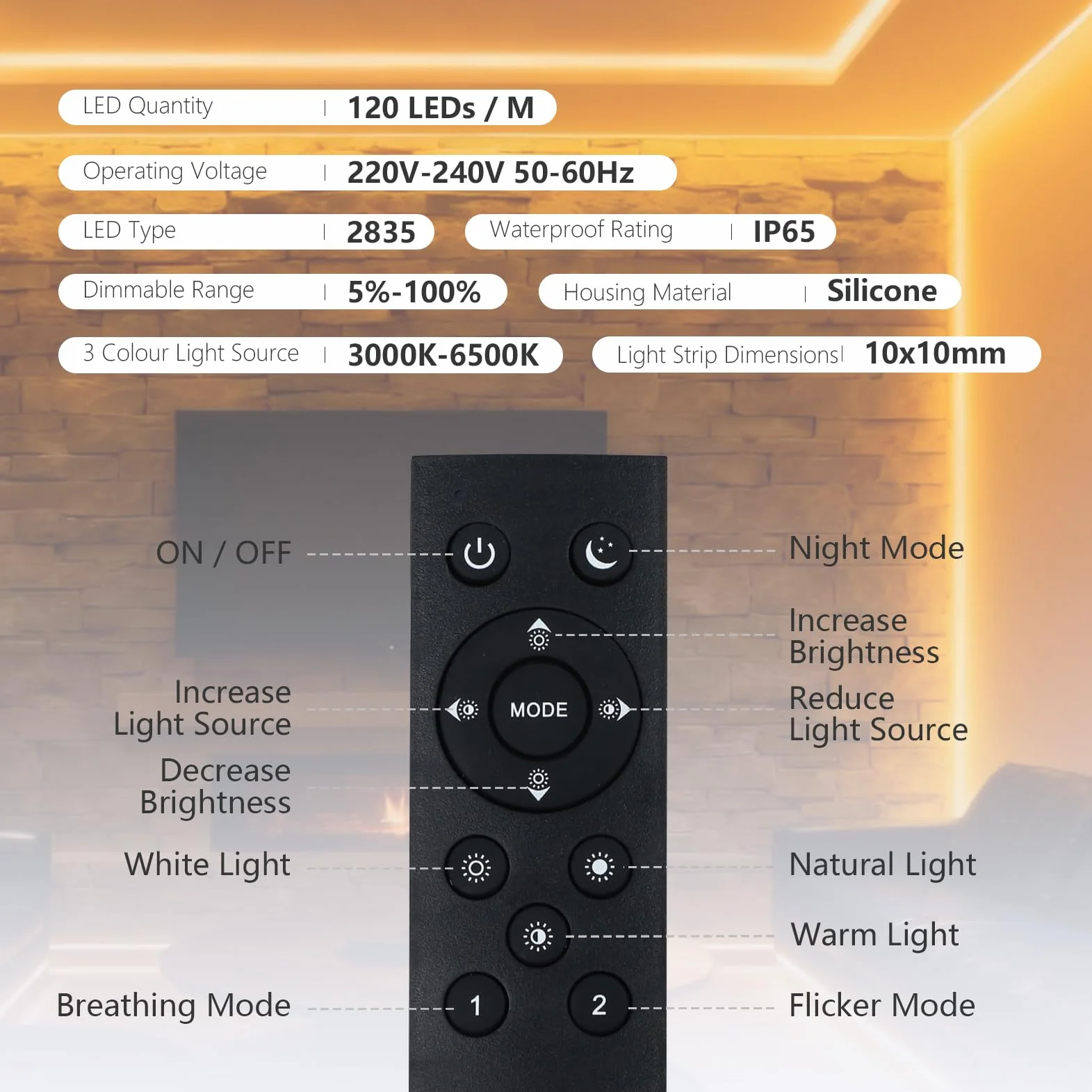 20m Pasek LED Neon 220V Ściemniany Z Pilotem Ciepła Biel 3000K-Zimna Biel 6500K, Silikon IP65 10x10mm Elastyczny Na Zewnątrz Komplet Z Zasilaczem